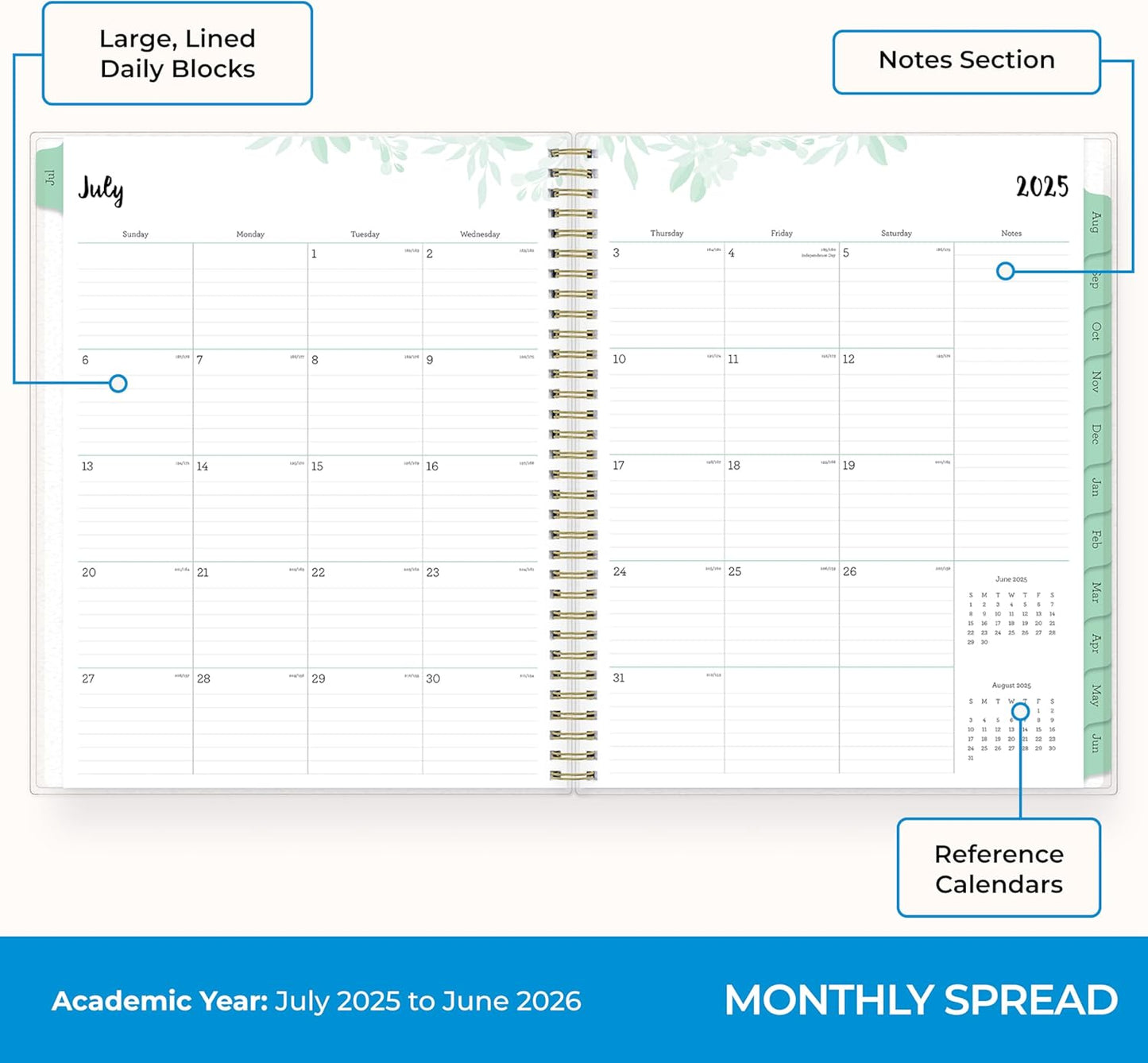 Blue Sky 2025-2026 Weekly and Monthly Academic Year Planner Calendar, July 2025 - June 2026, 8.5" x 11", Flexible Cover, Wirebound, Laminated Tabs, Storage Pocket, Laurel