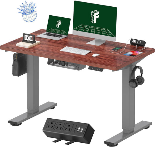 FLEXISPOT EN2 Whole-Piece Standing Desk with Clamp Power Strip, 48 x 24'' Electric Stand Up Height Adjustable Desk with Cable Management (Gray Frame + 48" Mahogany Top, 2 Packages)