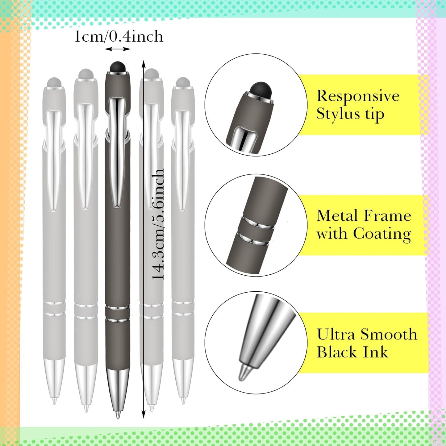 Zonon 38 Pieces Rubberized Ballpoint Pen with Stylus Tip Stylish Metal Pen Capacitive Styli with Soft Rubberized Grip, Black Ink for Most Devices(Gray)