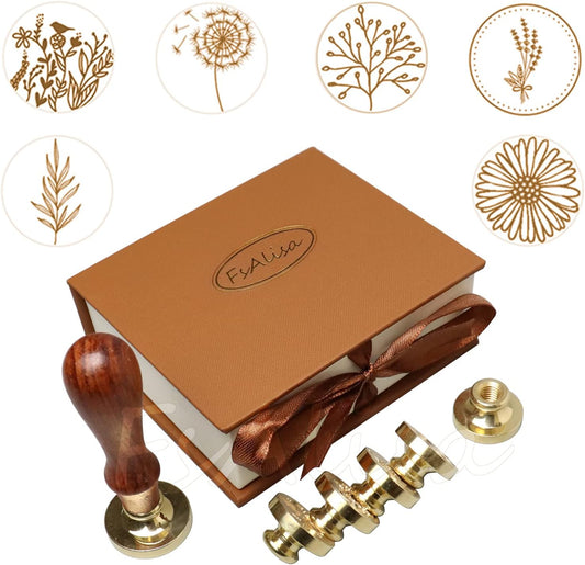 FsAlisa Copper Seals Stamp Set 6 Pieces + Wooden Hilt, Vintage Seal Wax Stamp Kit with Gift Box for Invitations, Cards, Letters, Envelopes, Wine Packages (Botanical Set B)