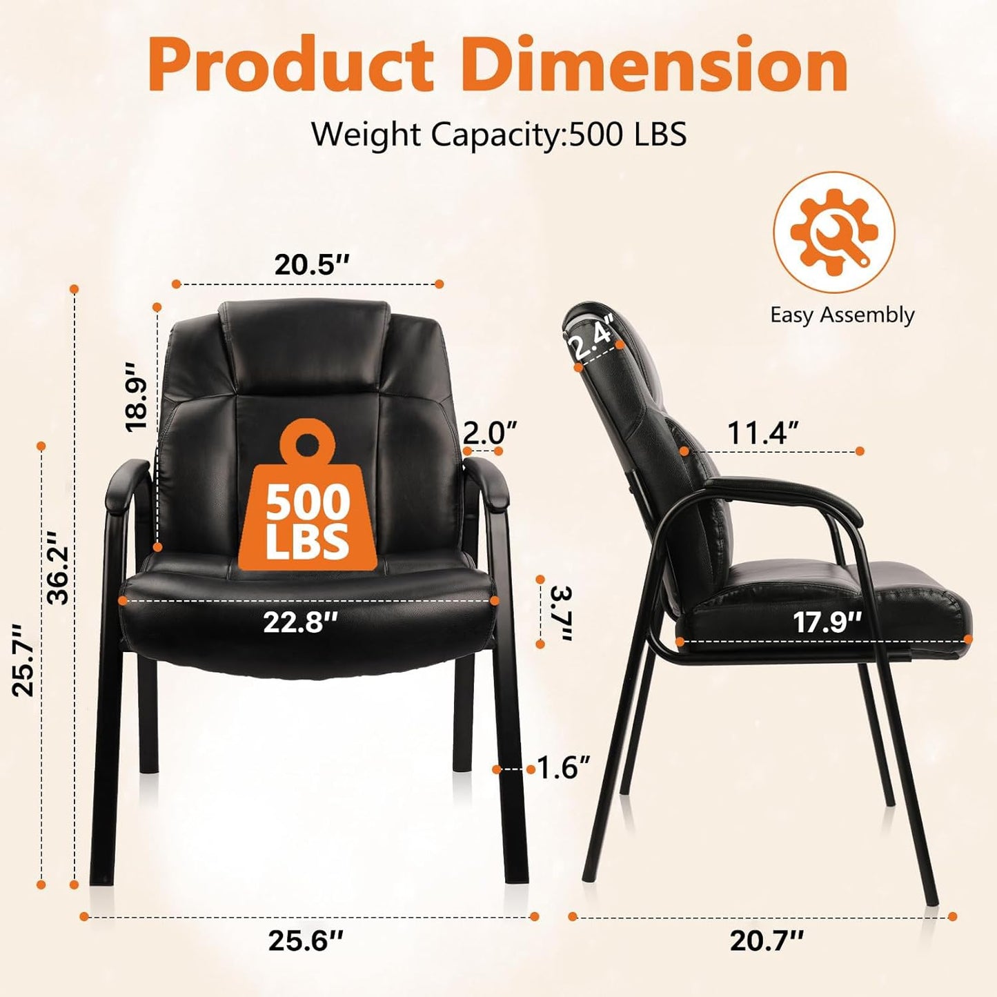 CLATINA Big & Tall 500 lb. Guest Chair, Leather Reception Chairs with Padded Arm Rest for Waiting Room Office Home and Meeting Conference-Black