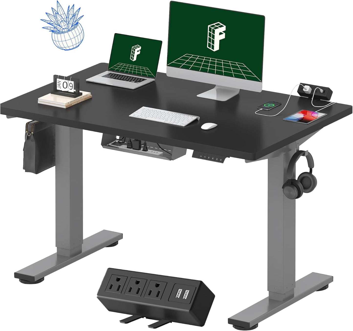 FLEXISPOT EN2 Whole-Piece Standing Desk with Clamp Power Strip, 48 x 30 Electric Stand Up Height Adjustable Desk with Cable Management (Gray Frame + 48" Black Top, 2 Packages)