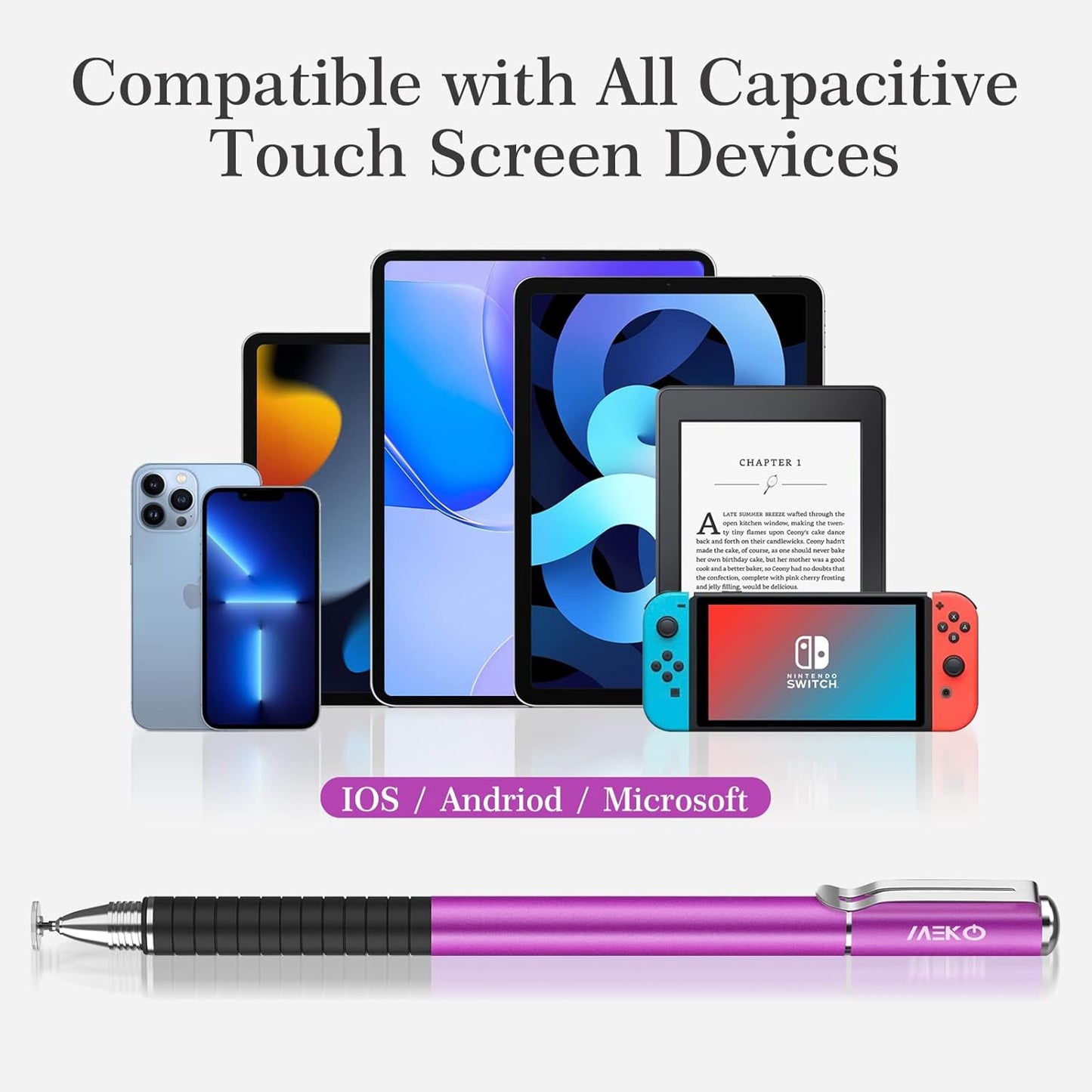 MEKO Stylus Pens for Touch Screens, 2 in 1 Universal Disc Stylus Pens for iPhone, iPad and All Capacitive Cell Phones, Tablets, Laptops Bundle with 6 Replacement Tips - (2 Pcs, Pink/Purple)