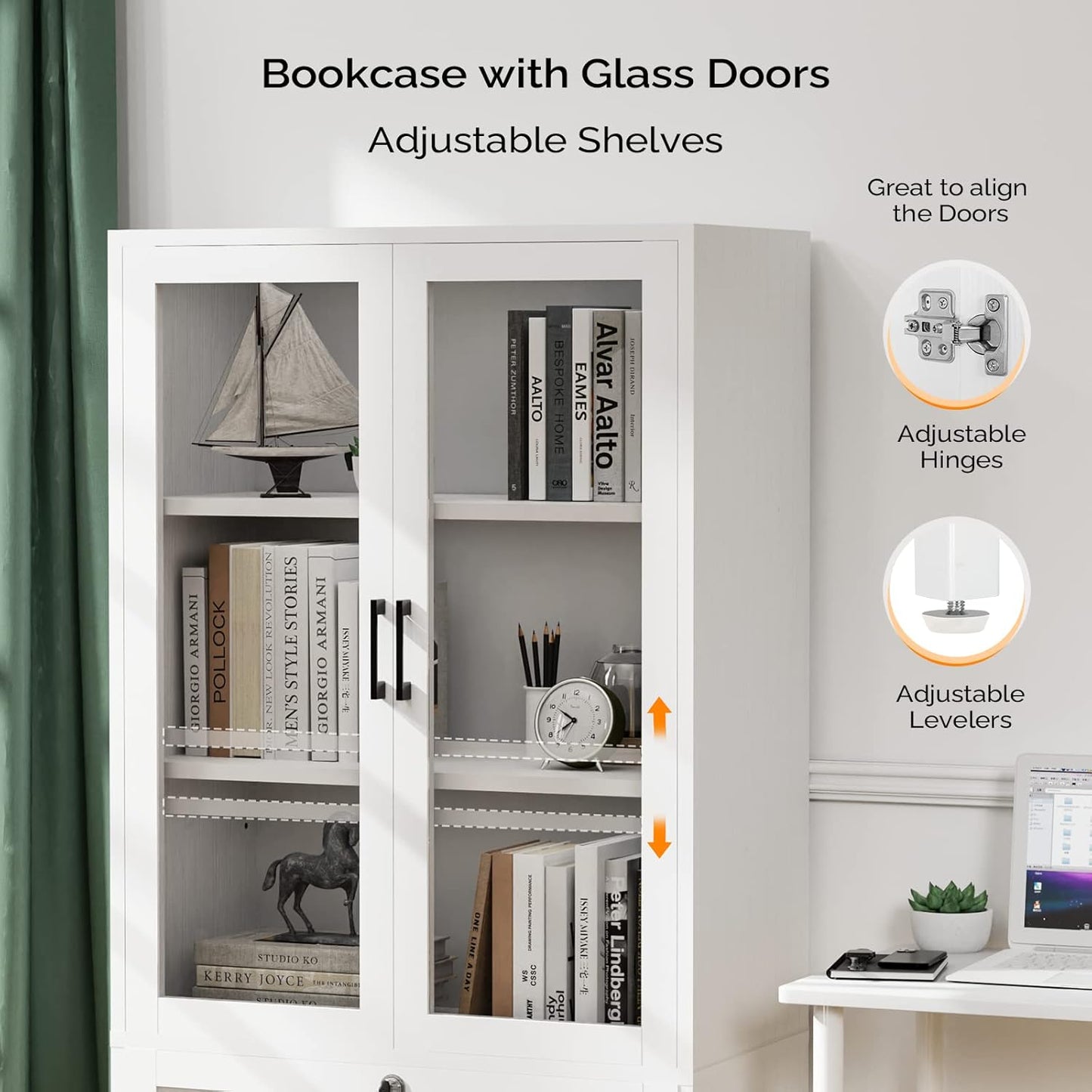 VINGLI Lateral File Cabinet with Glass Doors and Locking Drawer for Hanging File Folders, Bookshelf with Adjustable Shelves for Home Office (White, 30''W x 16''D x 55''H)