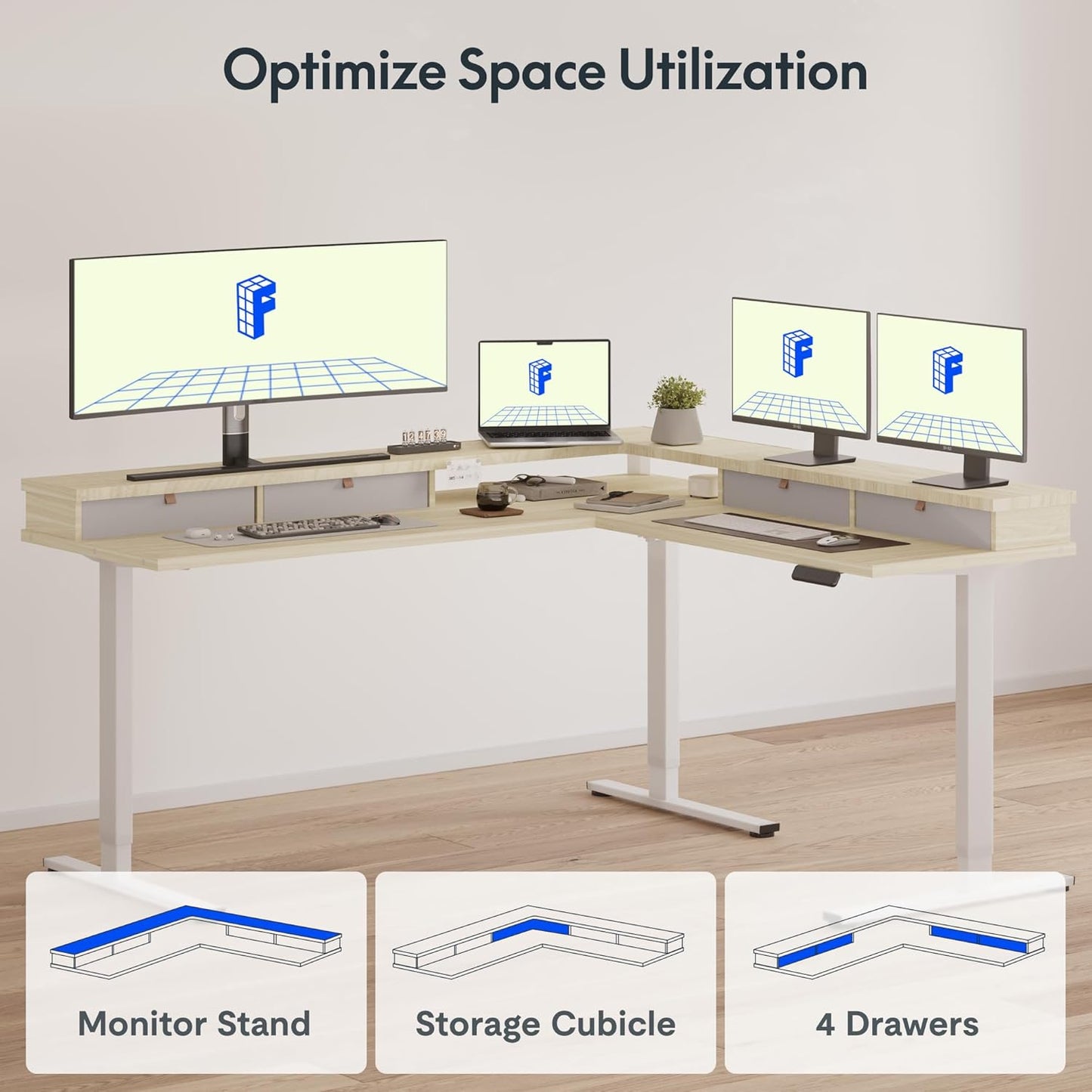 FLEXISPOT 71" L Shaped Standing Desk Electric Corner Table with Shelf, 4 Storage Drawers, Adjustable Computer Workstation for Home, Office, Game, Studio, USB Charger, Light Maple Top + White Frame