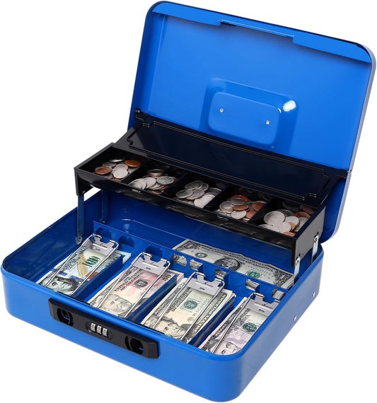 Jssmst Locking Cash Box with Coin Lid, 11.8L x 9.5W x 3.5H Inches, Latch Safe Money Box with Combination Lock, Blue