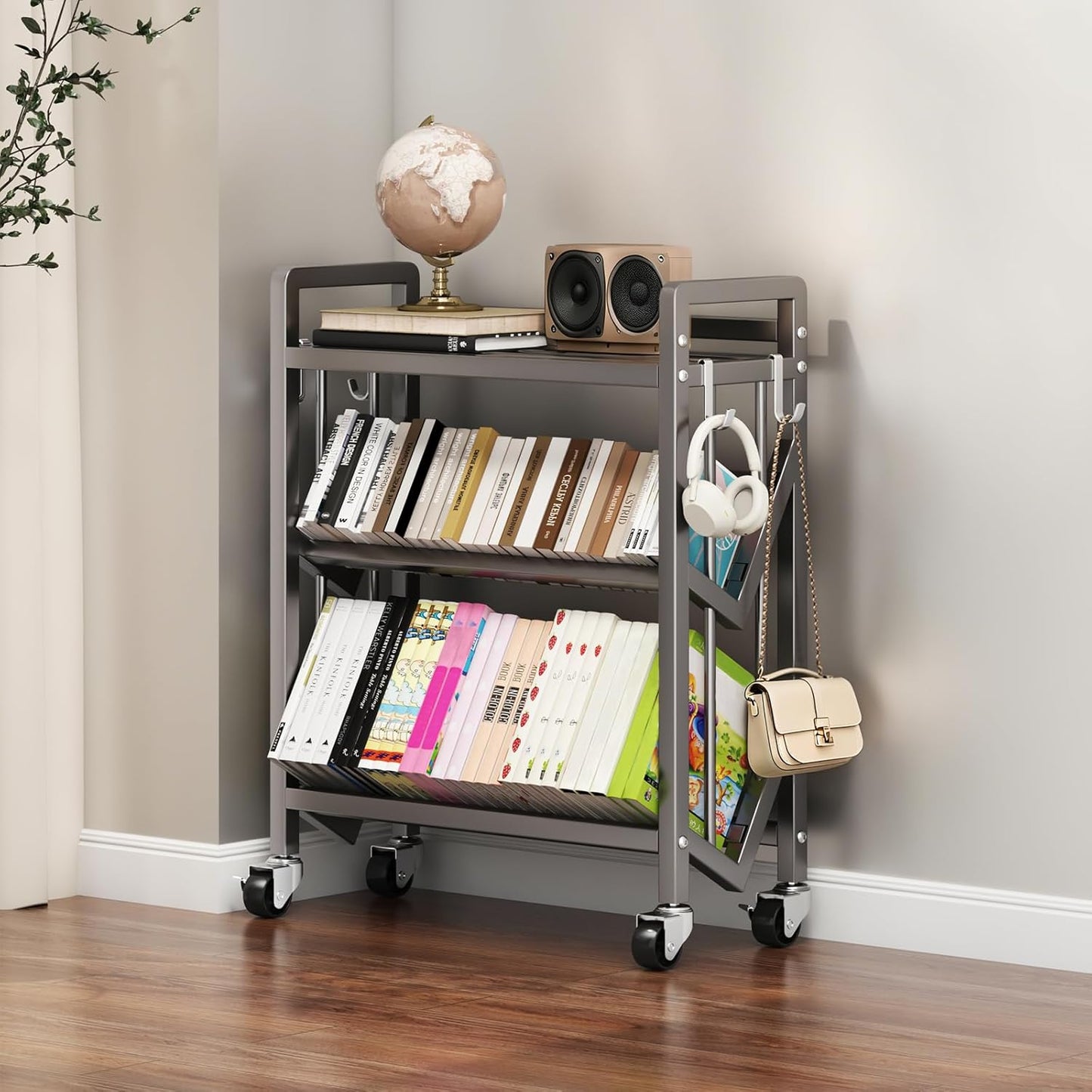 Bookshelf Movable Book Cart Multi-Layer Storage Rack Large-Capacity Rolling Cart L-Shaped Carbon Steel Shelf Suitable for Storing Books, Magazines, Newspapers, Shoes