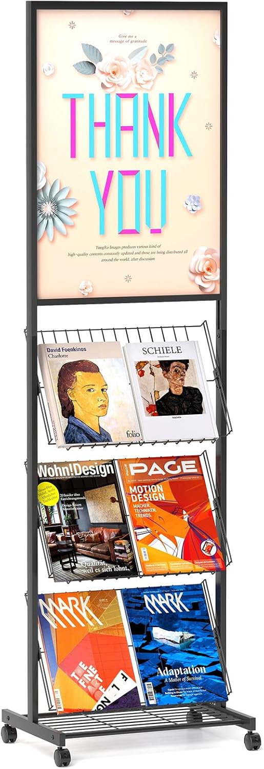 lesolar Floor-Standing Magazine Rack with Poster Board Stand 4-tier Newspaper Holder Book Display Shelf Brochure Display Stand Poster Sign Holder with Wheels Suitable for Exhibitions Store Business