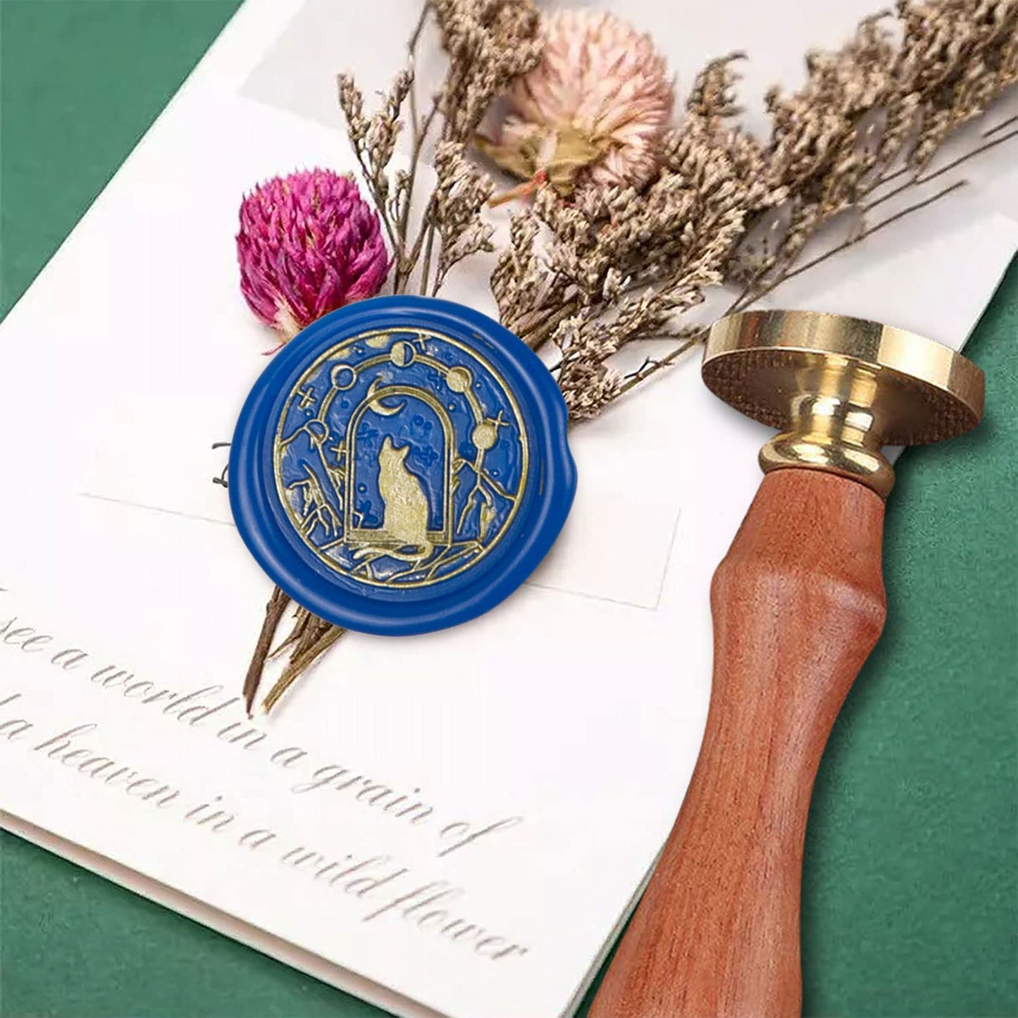 Wax Seal Stamp With Removable Brass Head Wooden Handle - Moon Star Cat Design for Envelope Sealing