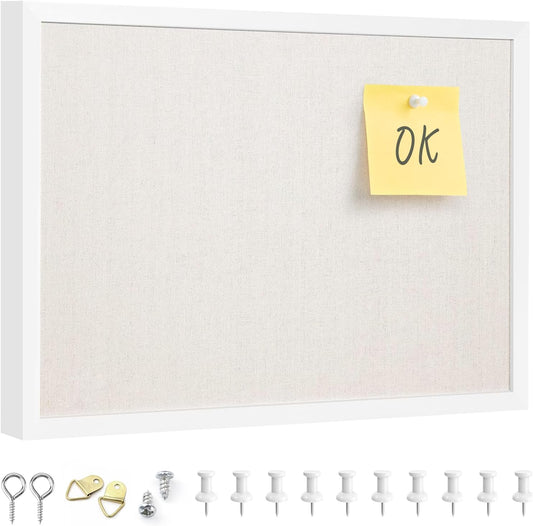 OWLKELA 11"x14.6" inch Bulletin Board with Linen, White Wood Style Frame, with 10 Pushpins, Linen Cork Board, Ideal for School, Home & Office