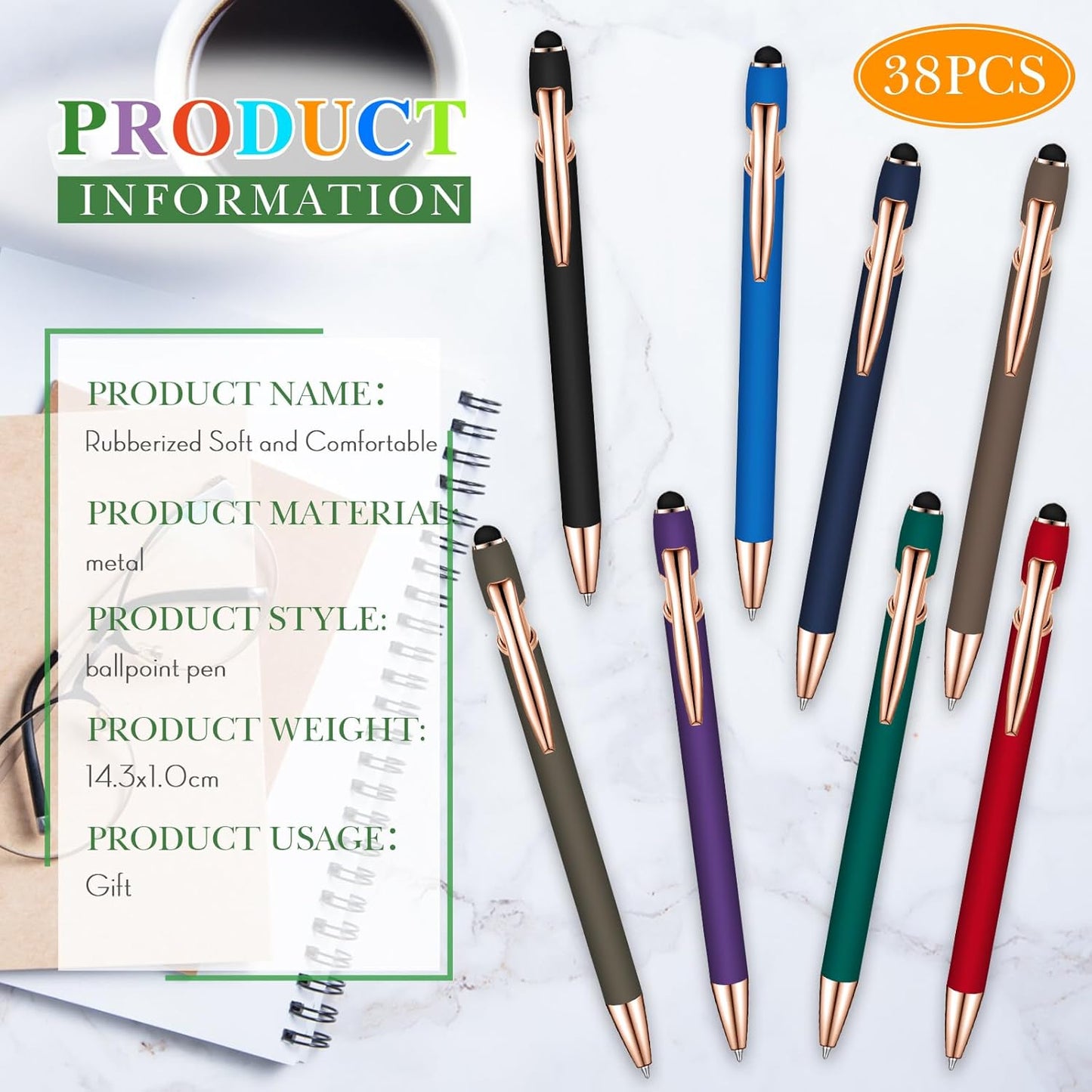 Zonon 38 Pieces Rubberized Ballpoint Pen with Stylus Tip Stylish Metal Pen Capacitive Styli with Soft Rubberized Grip, Black Ink for Most Devices(Classic Colors)