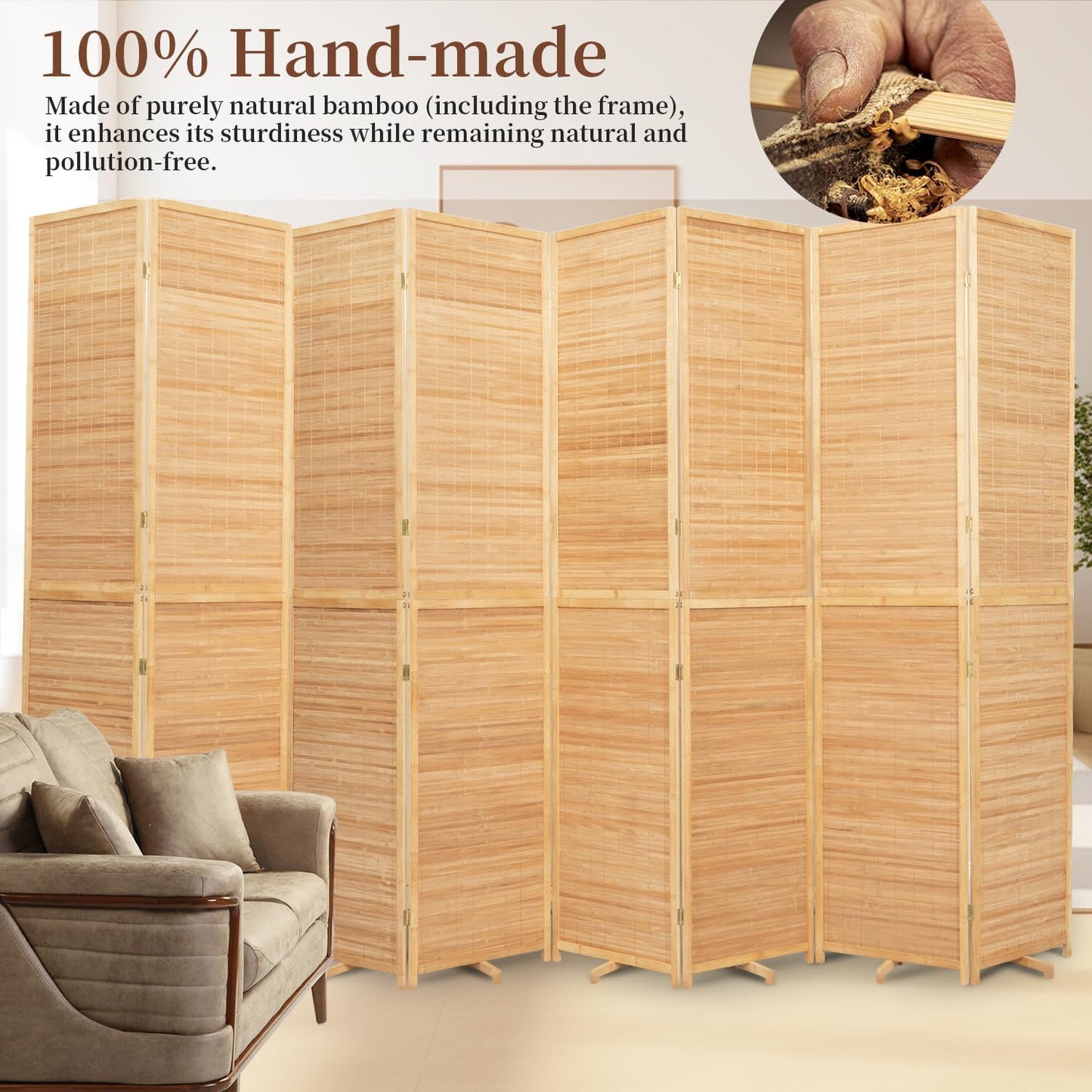 Bamboo Room Divider 8 Panel Wall Divider, 142'' W x 67'' H Folding Design with Extra Stable Base, 100% Bamboo Room Divider Screen for Room Separation, Chinese Room Partitions and Dividers Freestanding