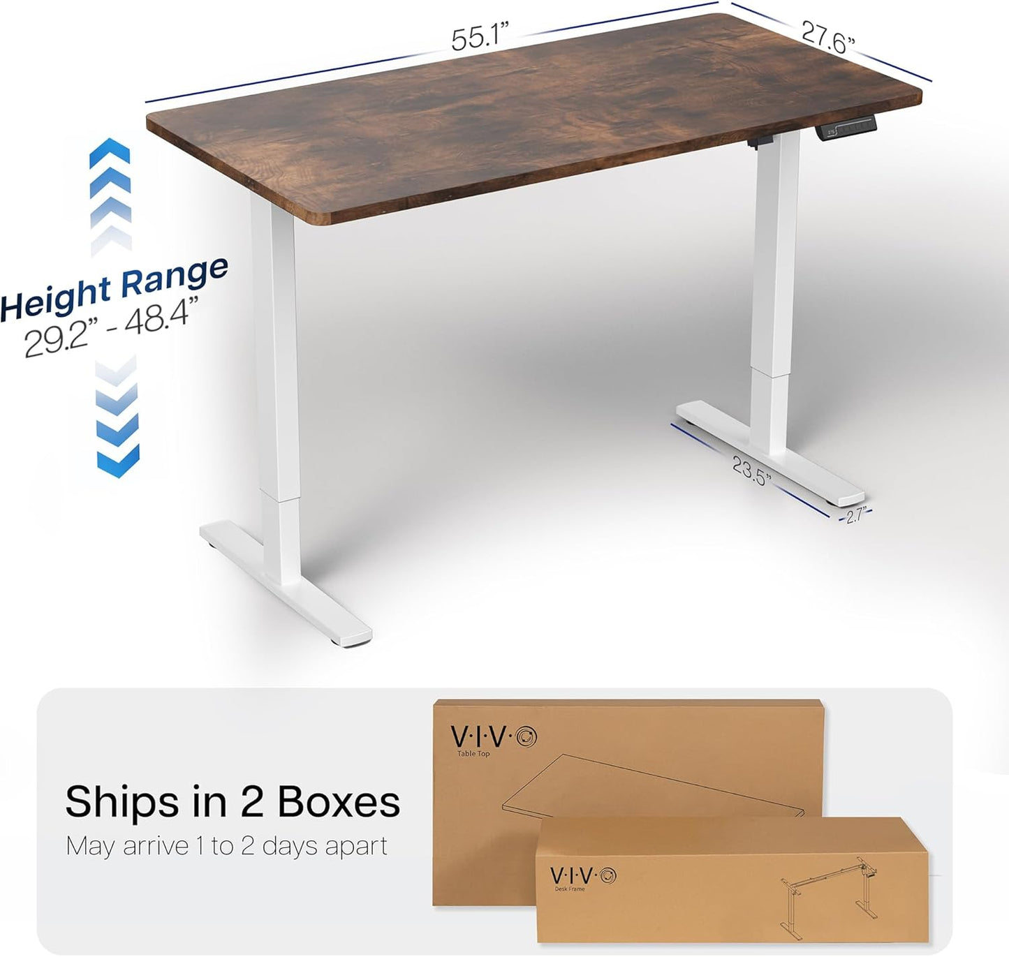 VIVO Electric 55 x 28 in Standing Desk, Memory Height Adjustment, 1B Series, One-Piece Rustic Vintage Brown Top, White Frame, DESK-KIT-1W55N