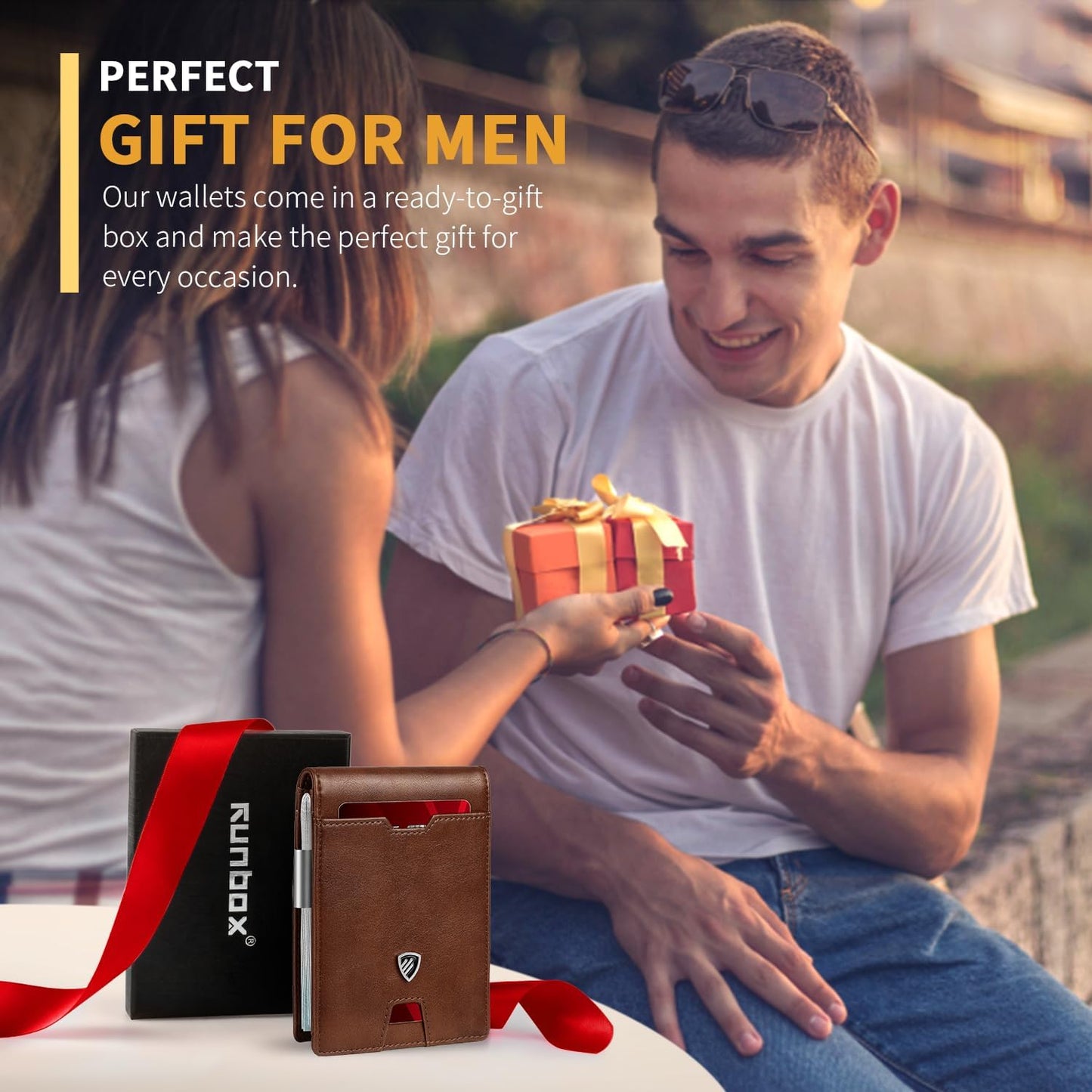 RUNBOX Mens Slim Wallet with Money Clip RFID Blocking Bifold Credit Card Holder for Men with Gift Box