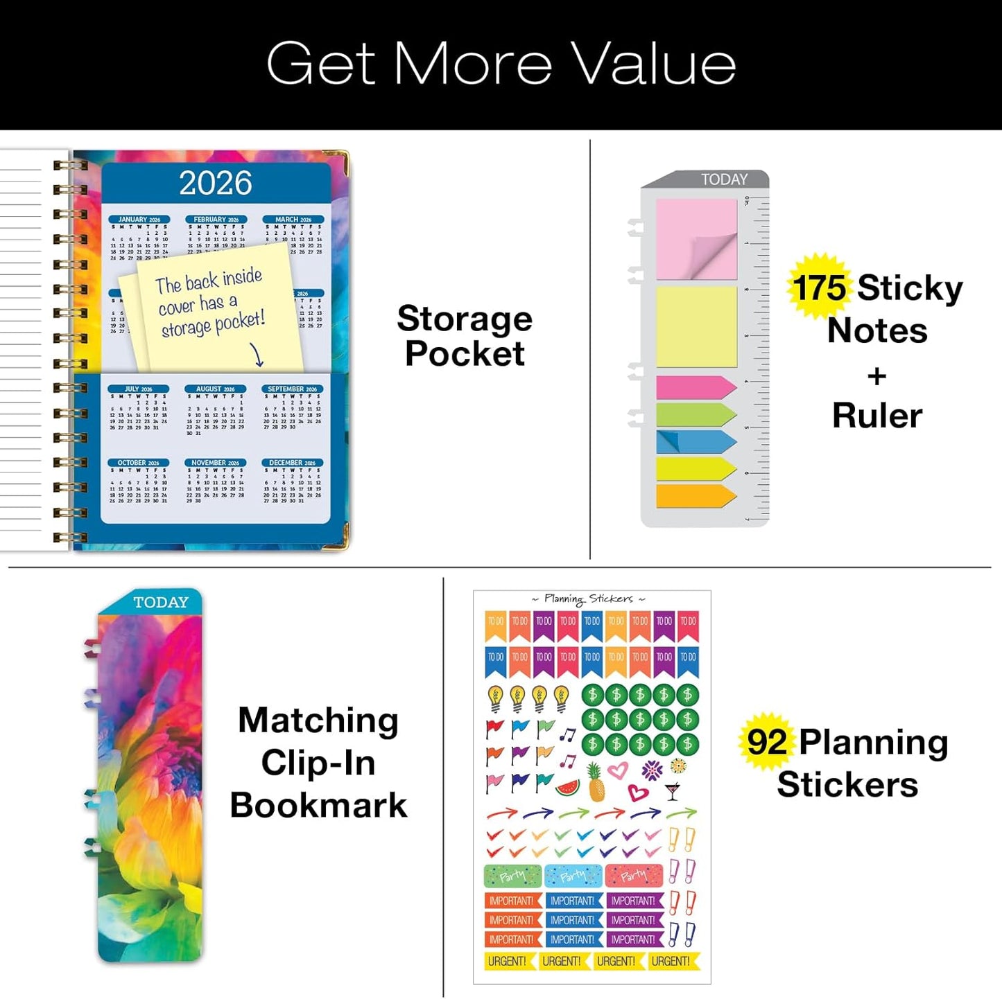 HARDCOVER Academic Year 2025-2026 Planner: (June 2025 Through July 2026) 5.5"x8" Daily Weekly Monthly Planner Yearly Agenda. Bookmark, Pocket Folder and Sticky Note Set (Rainbow Petals)
