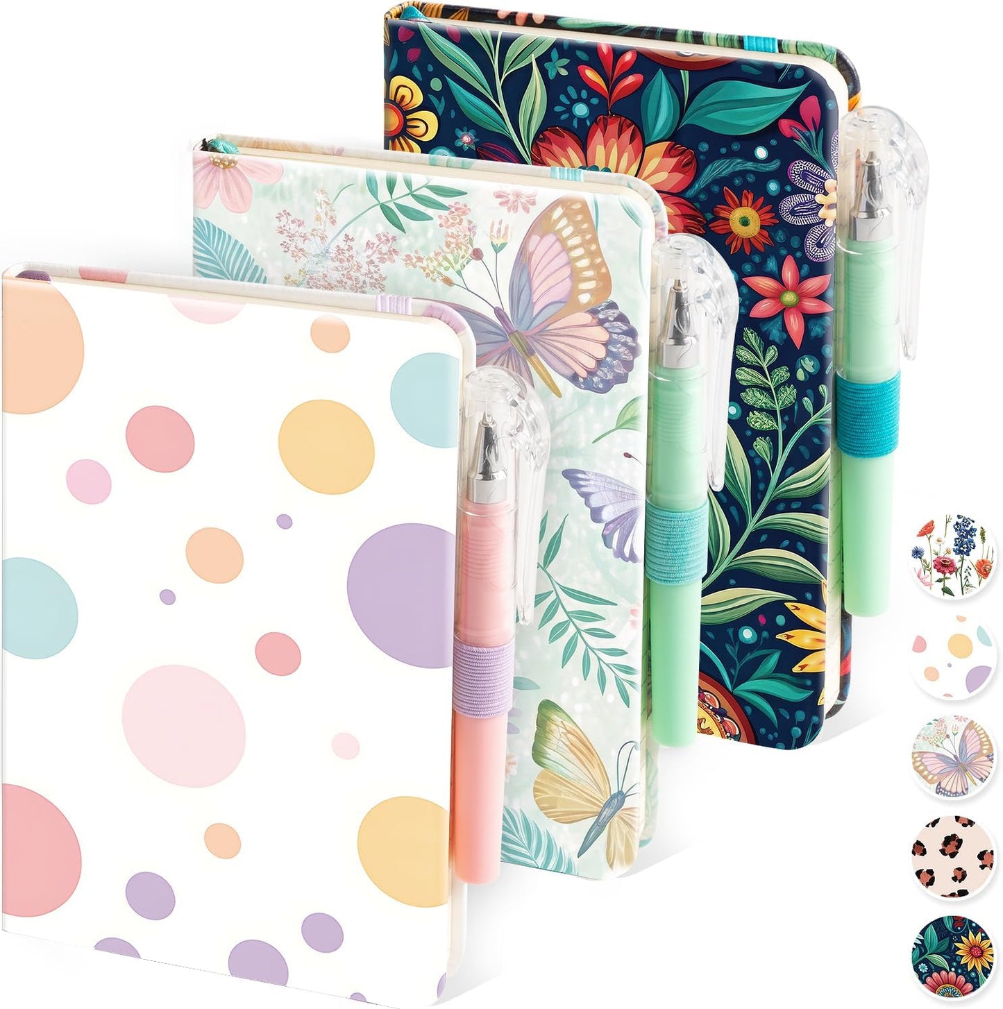 (3 Pack) Aesthetic Small Journal Notebook, A6 (3.7" x 5.7") Mini Pocket Notebook with Pen, 100GSM Lined Paper, Cute Small Journal for Kids/Girls/Women, Colorful Bubbles Butterfly Floral
