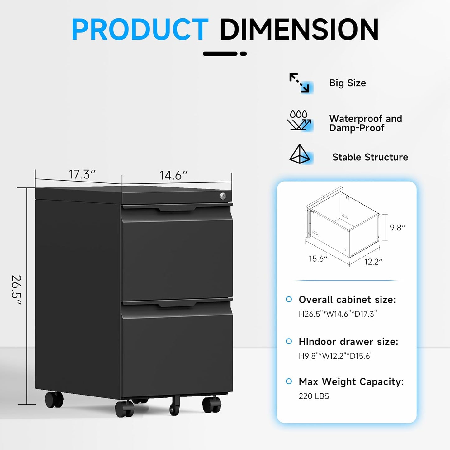 Bestoo 2 Drawer Metal Mobile File Cabinet, File Cabinet on Wheels with Lock for Letter/Legal/A4 File Under Desk, Metal Rolling File Cabinets for Home Office(Black)