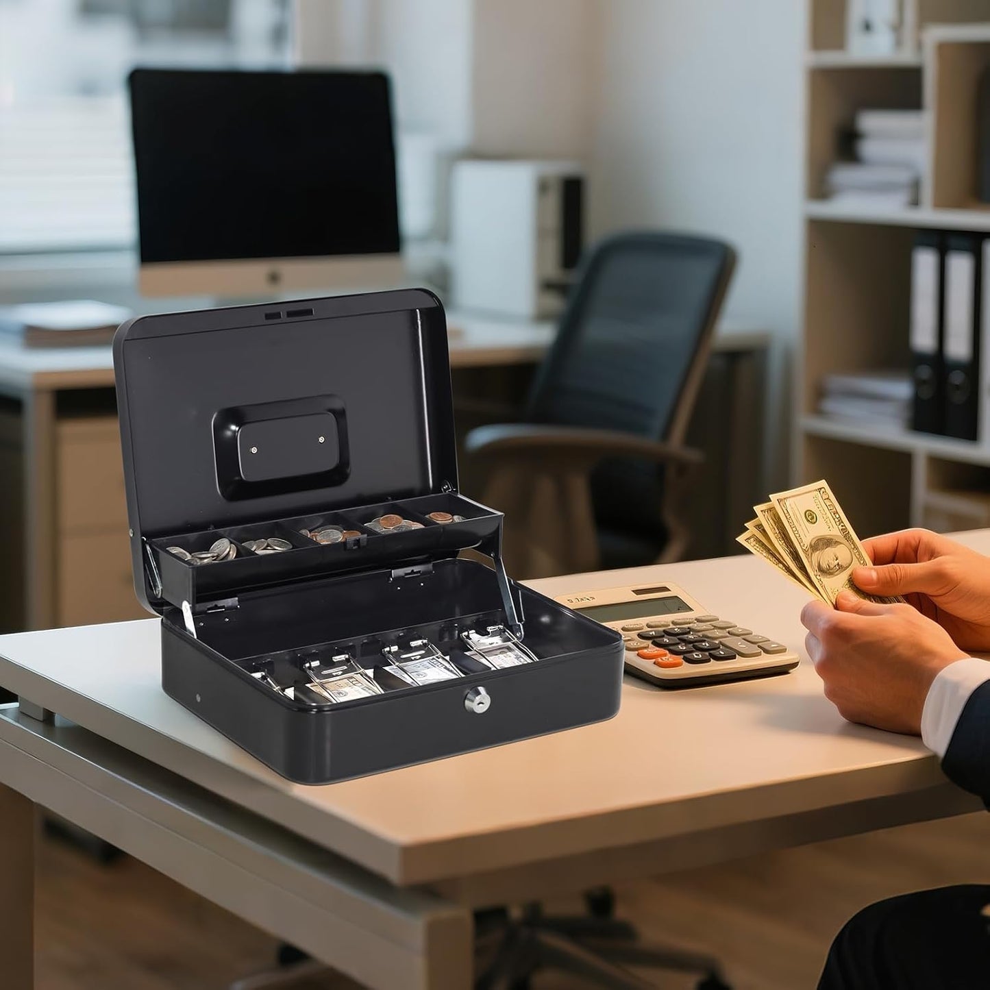 Jssmst Large Cash Box with Money Tray and Lock - Locking Safe Money Box for Small Business, 11.8L x 9.5W x 3.5H Inches, Black, SM-CB0501L