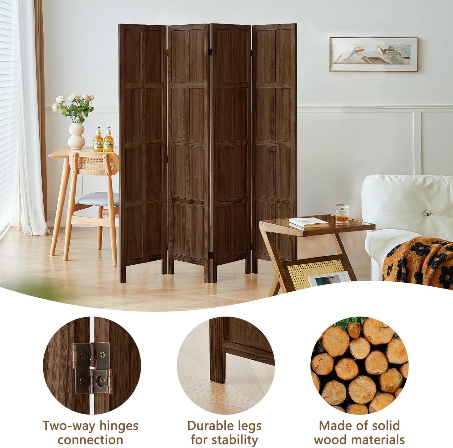 4 Panel Room Divider, 5.6Ft Wood Room Dividers and Folding Privacy Screens, Room Divider Wall Freestanding Room Partitions, Room Dividers Screen for Home Office Restaurant Bedroom, Dark Brown