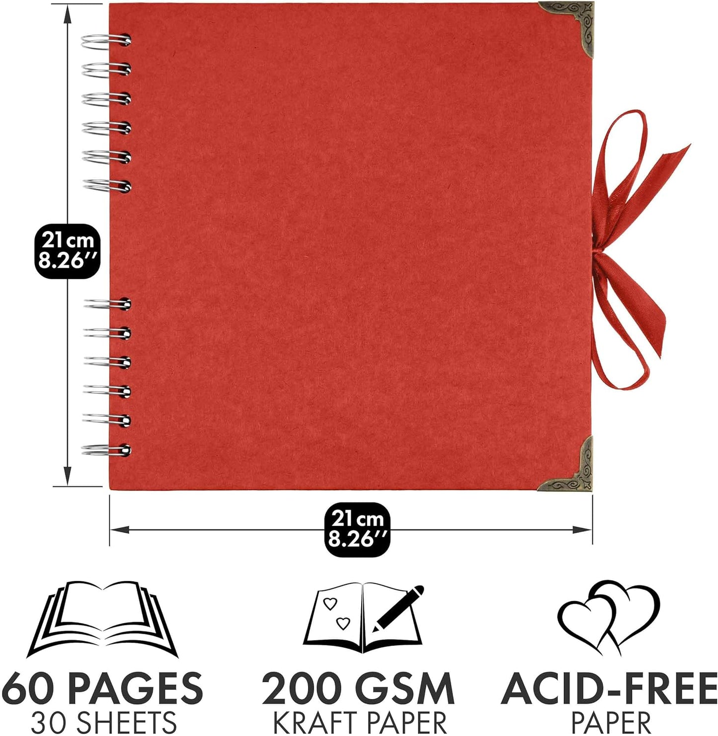 Bstorify Square Scrapbook Photo Albums 8 x 8 Inch Red Thick Paper, Hardcover, Metal Corners, Ribbon Closure - Ideal for Your Scrapbooking Albums, Art & Craft Projects