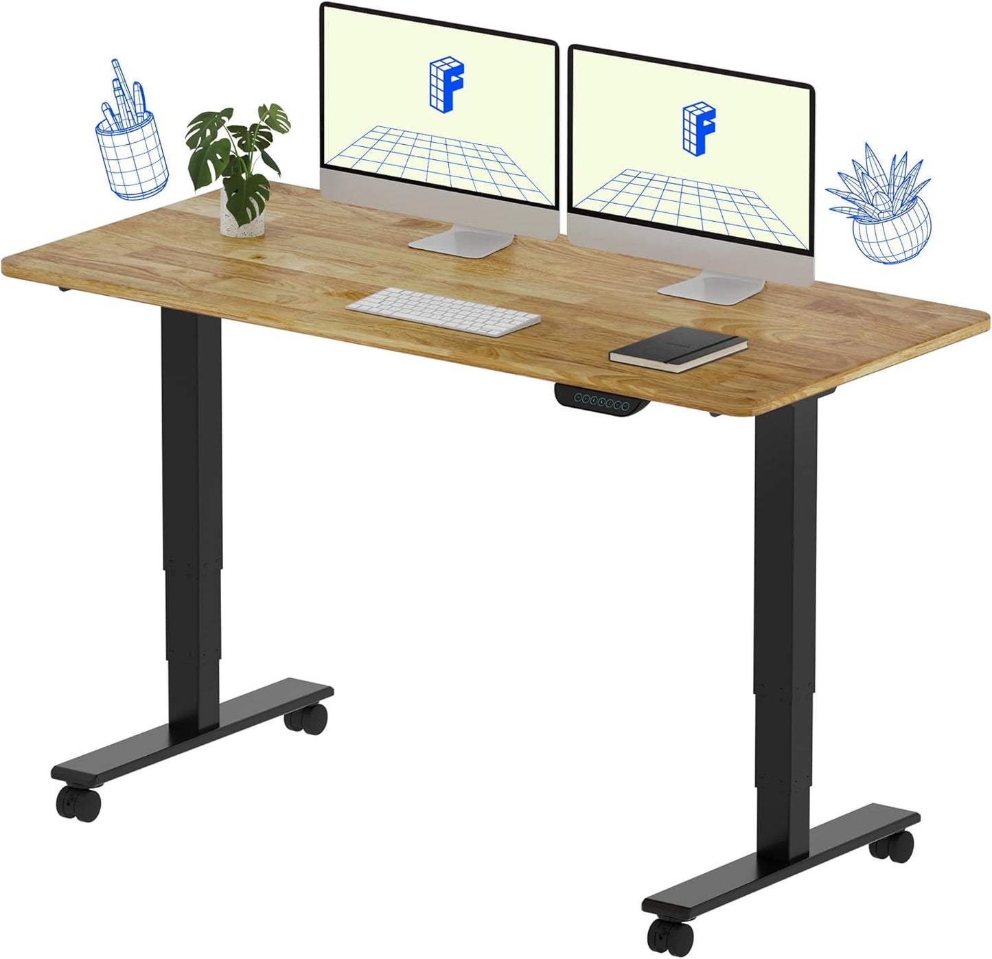 FLEXISPOT E6 MAX Rubber Wood Dual Motor 3 Stages Standing Desk 55x24 Inch Whole-Piece Board Electric Height Adjustable Stand Up Desk 150KG Load Capacity(Black Frame + Rubber Wood Desktop)