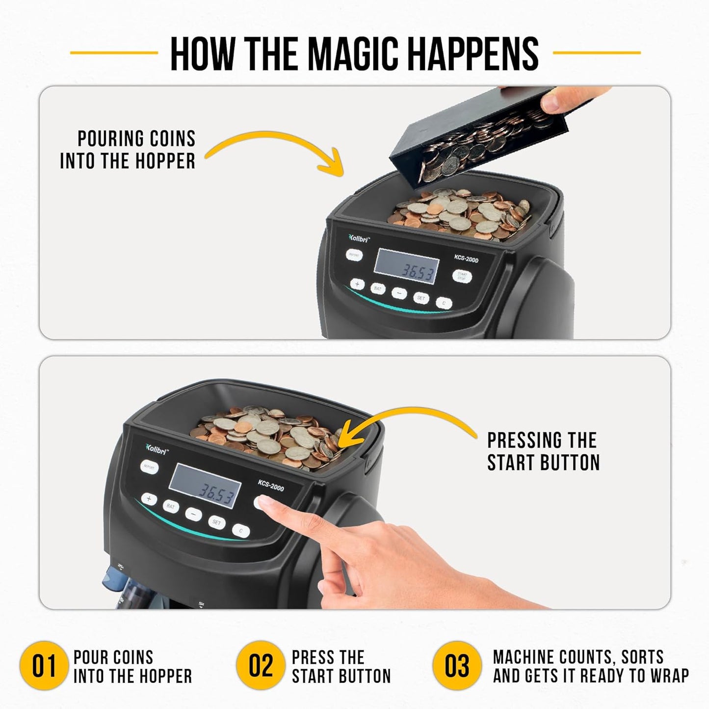 Kolibri KCS-2000 Professional USD Coin Counter Machine, Coin Sorter, Wrapper/Roller | 300 Coins/min, LED Display, Batch Feature | USD Change Counter (USA Tech Support)
