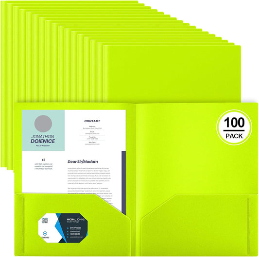 Gueevin 100 Pcs Two Pocket Folders Bulk Plastic File Folder with 2 Pockets Letter Size Paper Heavy Duty Durable Portfolios Case for Home Office School Business 11.61 x 9.45 Inch (Lime Green)
