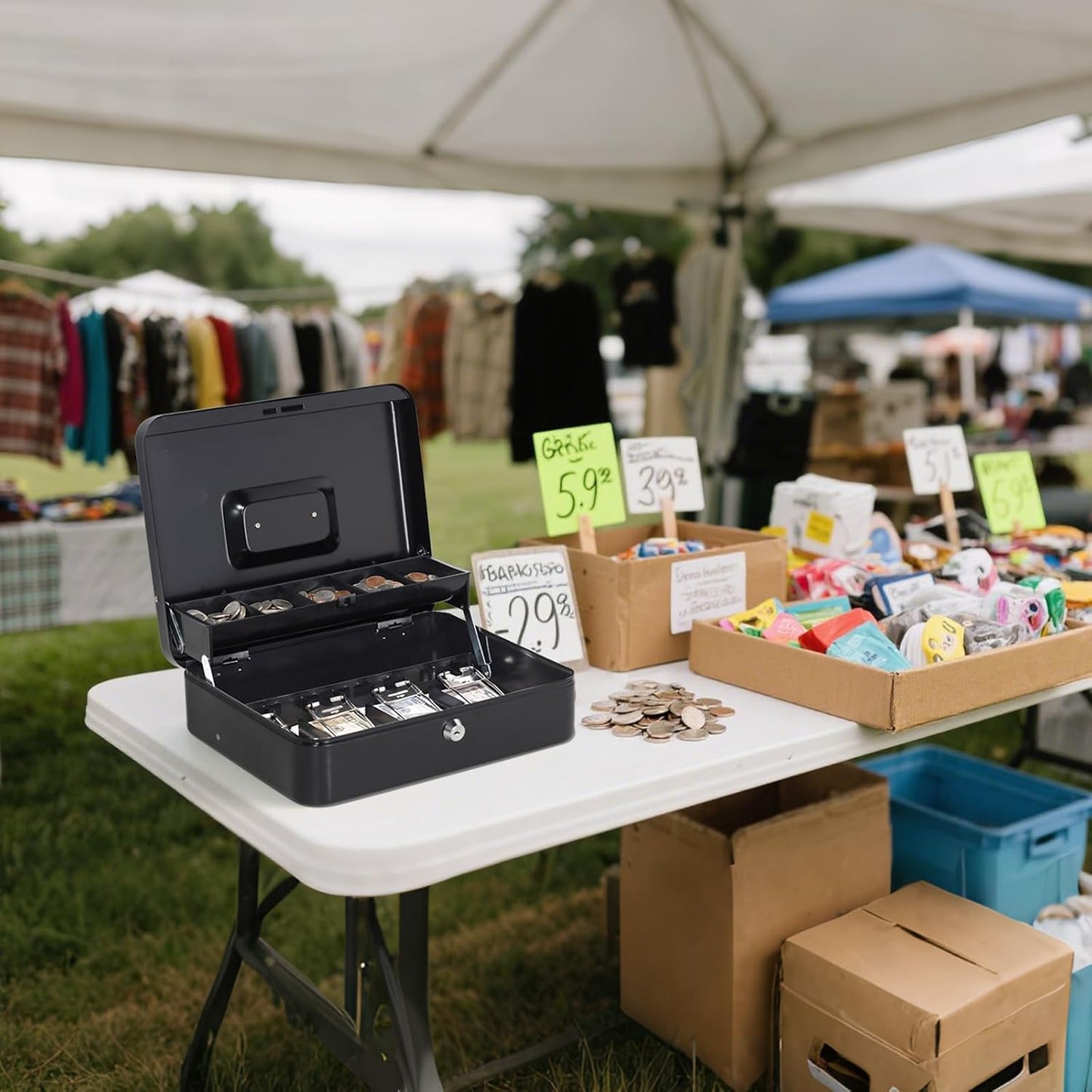 Jssmst Large Cash Box with Money Tray and Lock - Locking Safe Money Box for Small Business, 11.8L x 9.5W x 3.5H Inches, Black, SM-CB0501L