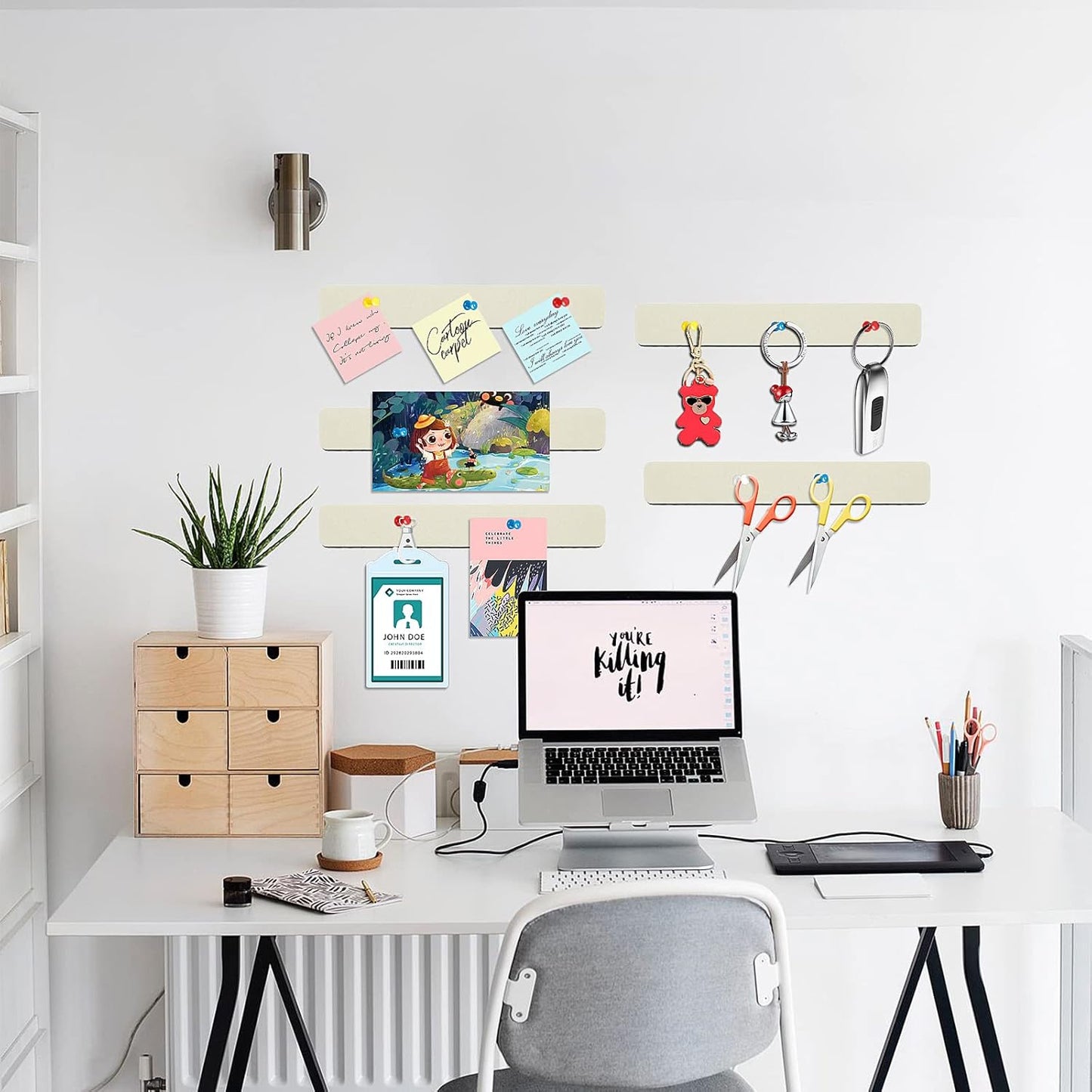 Felt Pin Board Bar Strips Bulletin Board for Bedrooms Offices Home Wall Decoration, Notice Board Self Adhesive Cork Board with 35 Push Pins for Paste Notes, Photos, Schedules (Cream)