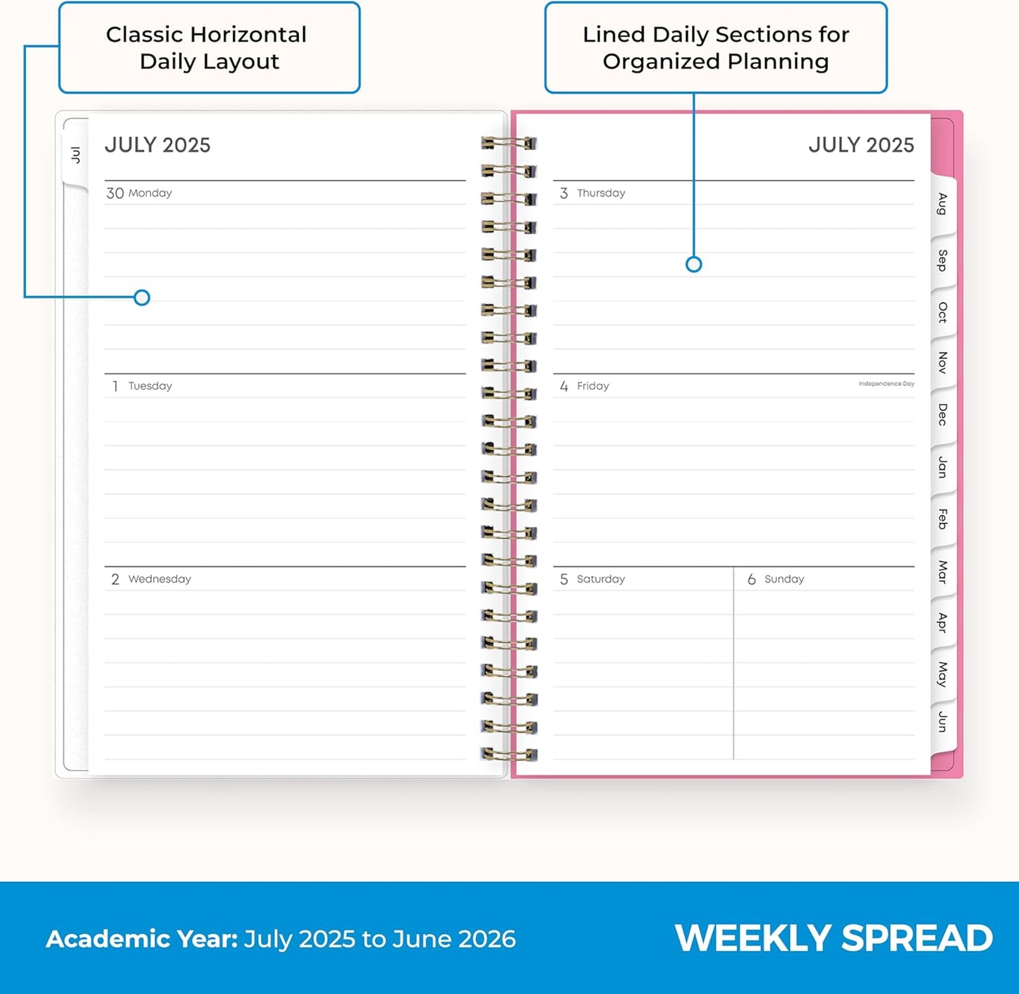Blue Sky 2025-2026 Weekly and Monthly Academic Year Planner Calendar, July 2025 - June 2026, 5" x 8", Flexible Cover, Wirebound, Laminated Tabs, Roosevelt Pink