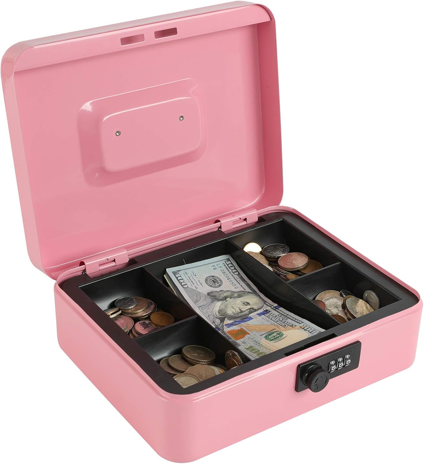 xydled Steel Cash Box Safe with Combination Lock,Money Safe Box with Removable Coin Tray,Large,9.84"x 7.87"x 3.54",Pink
