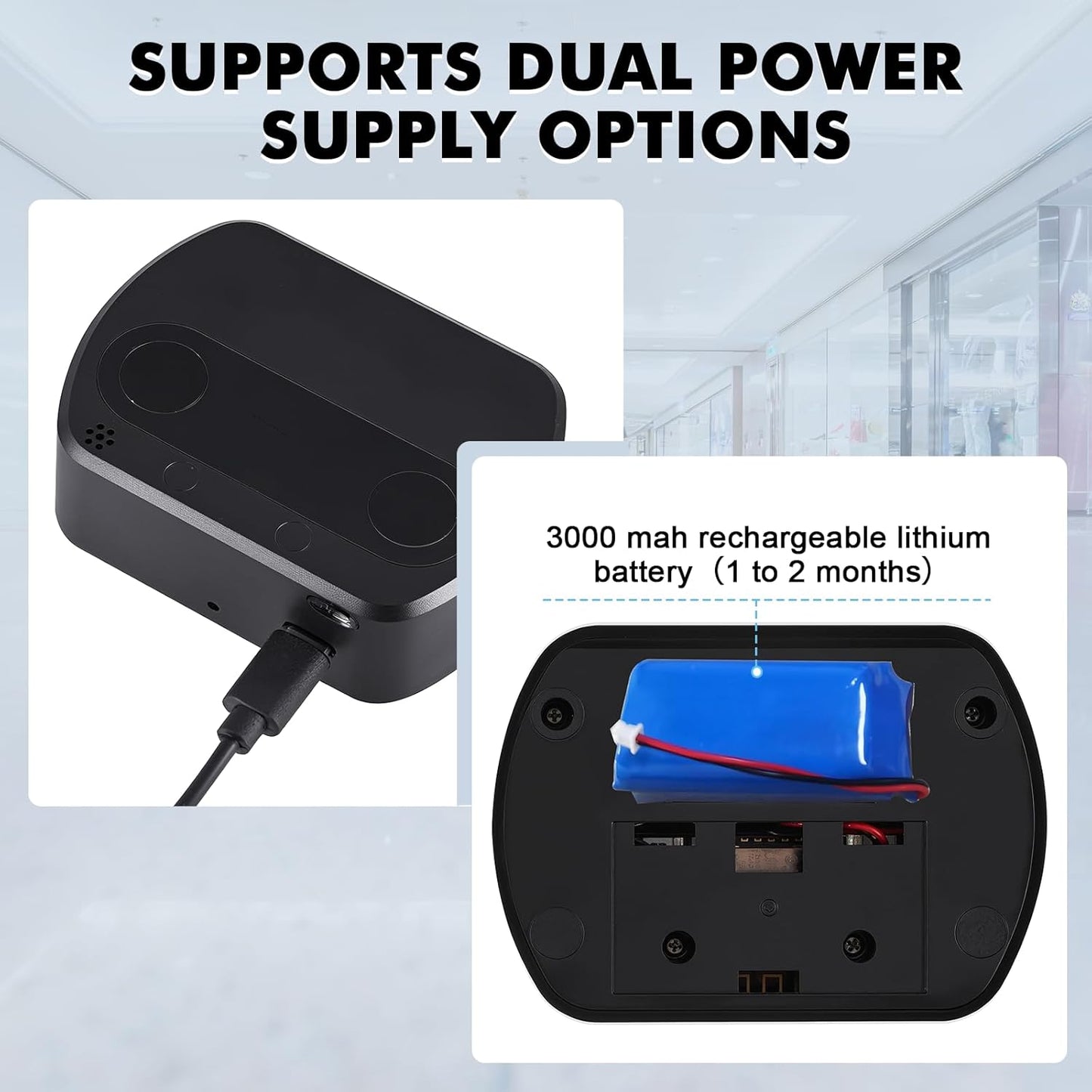 JIAWANSHUN People Counter,Bi-Directional Visitor Counter with 40ft Coverage & 30-Day Battery Life,Dual Power Supply, 100-Day Data Storage, Wire-Free Installation for Malls, Museums, Libraries