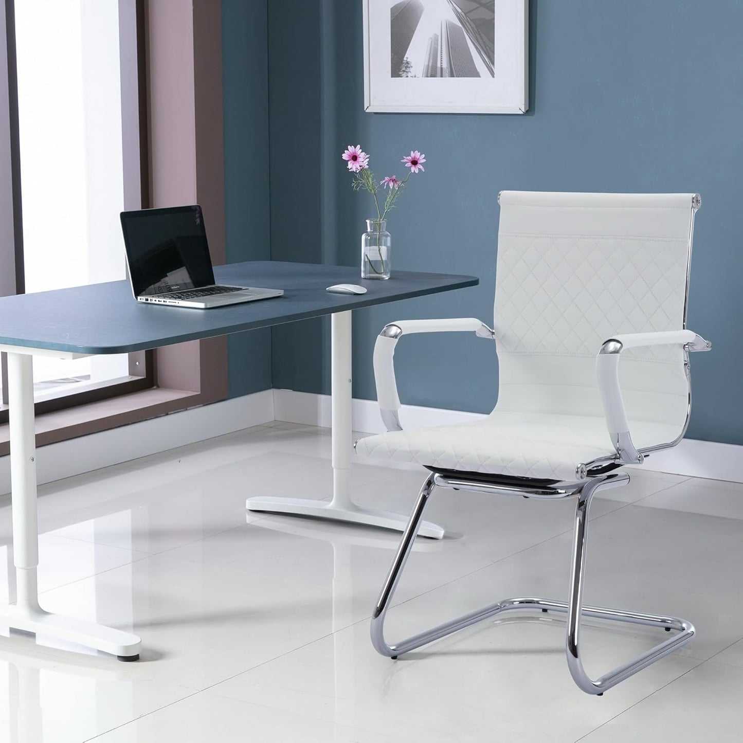 Office Guest Chairs - Set of 6 Modern PU Leather Desk Chairs for Reception, Waiting, and Conference Rooms - Mid Back, White