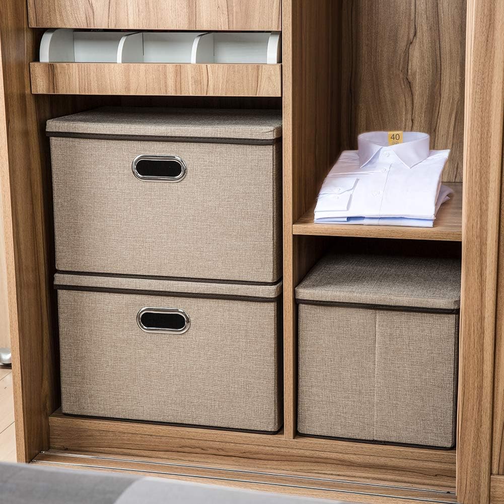 PRANDOM Large Collapsible Storage Baskets with Lids [5-Pack] Jute Fabric Foldable Storage Bins Boxes Organizer Containers Cube with Cover for Home Bedroom Closet Office Nursery (17.7x11.8x11.8)