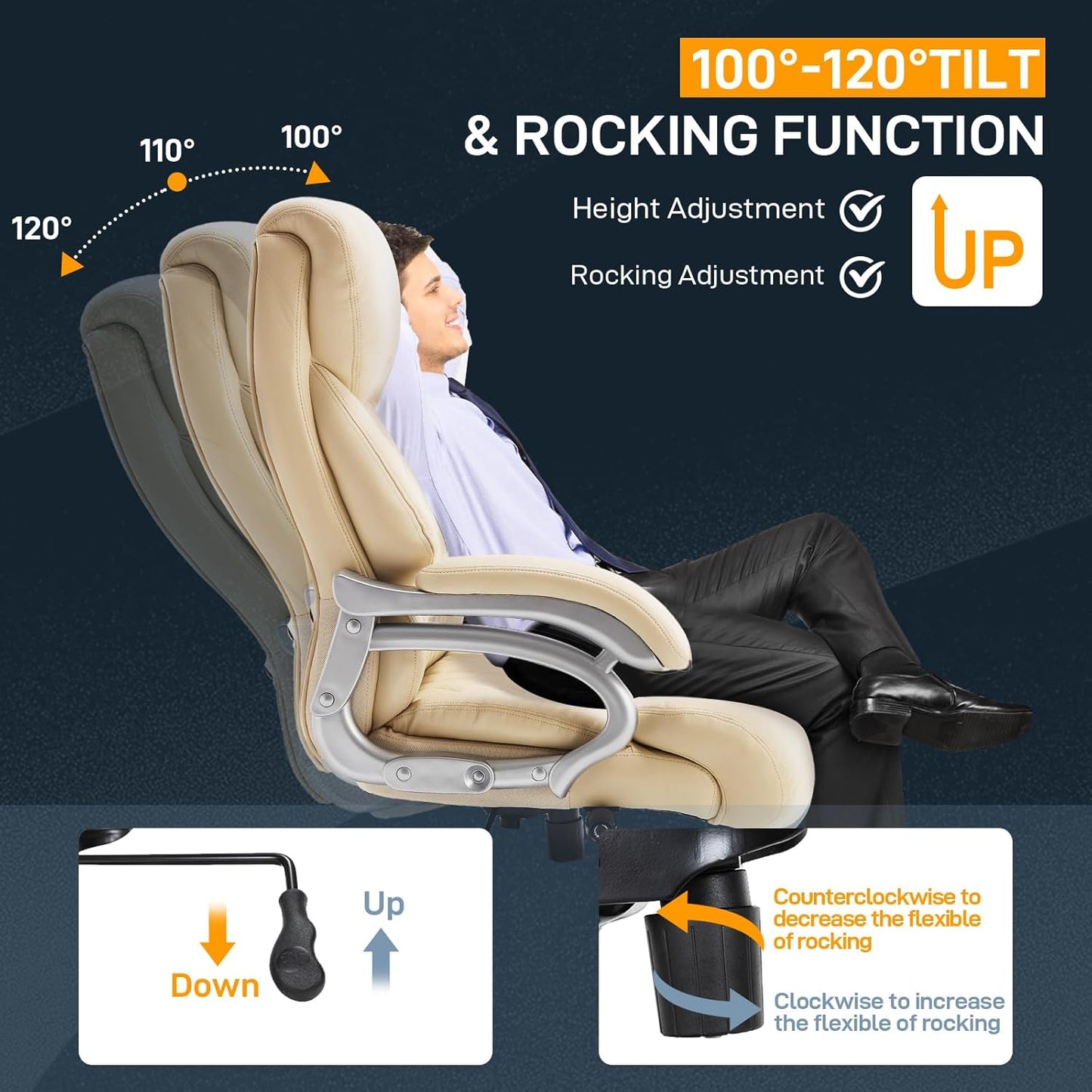 Big and Tall Office Chair for Heavy People, 500LBS High Back Extra Wide Heavy Duty Executive Office Chair Comfortable for Home, Large Computer Desk Chairs with Adjustable Lumbar Support Beige