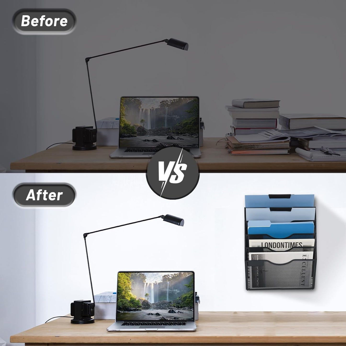 EASEPRES 5 Pocket Mesh Hanging Wall File Organizer, Wall Mounted Mail Paper Document Folder Holder, Clipboard Storage Organization Magazine Rack with Nametag Label for Office Home School, Black