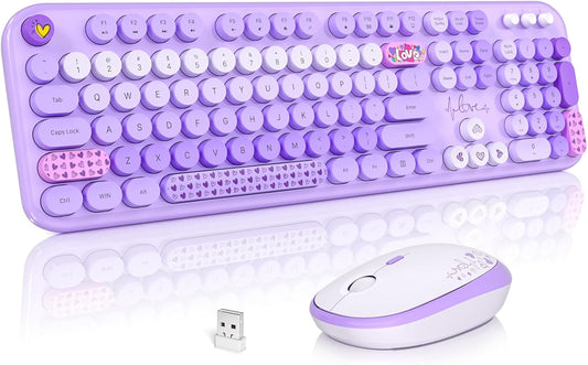 Wireless Keyboard and Mouse, Typewriter Full Size Keyboard with Number Pad and 2 in 1 USB Connected Mouse for Windows 7/8/10, Laptop, Desktop, PC, Computer (Purple Colorful)