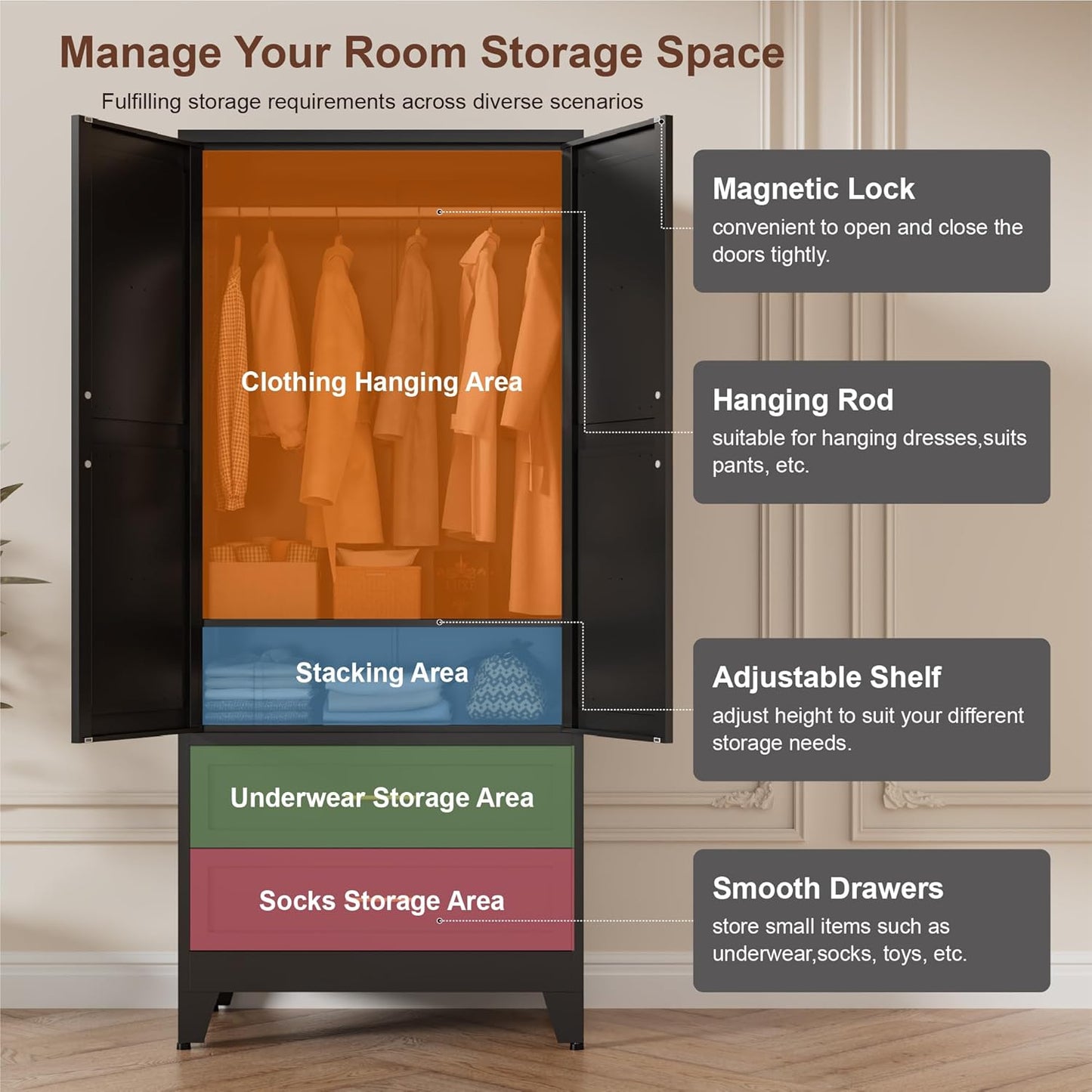 71" Tall Metal Wardrobe Cabinet with 2 Drawers and Hanging Rod, 2 Doors Armoire Wardrobe Closet with Shelf for Bedroom, Office, Laundry Room, Black