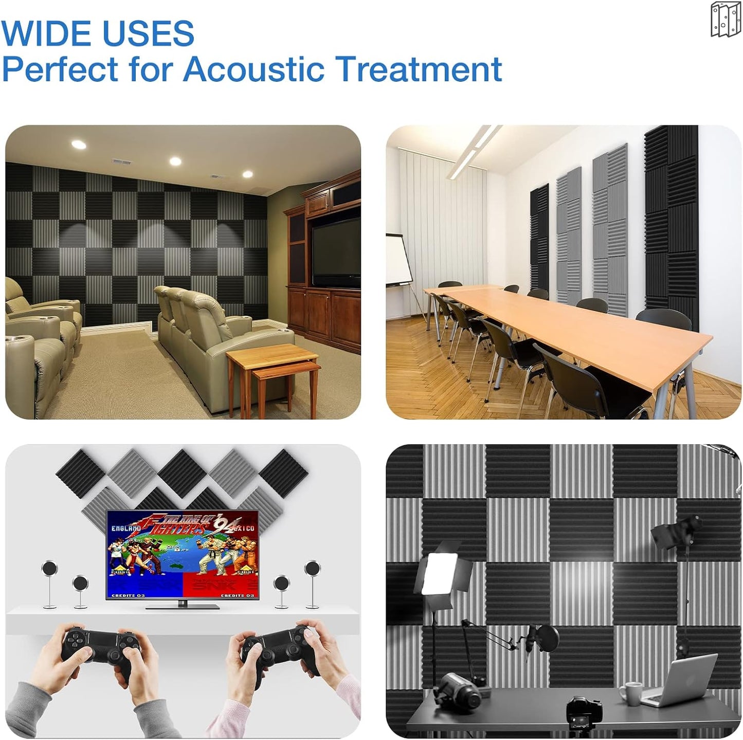 24 Pack Self-Adhesive Acoustic Panels - 2"X 12"X 12"Wall Panels - Quick-Recovery and High Density Sound Panels - Sound proof Acoustic Foam for Home Studio - Gray