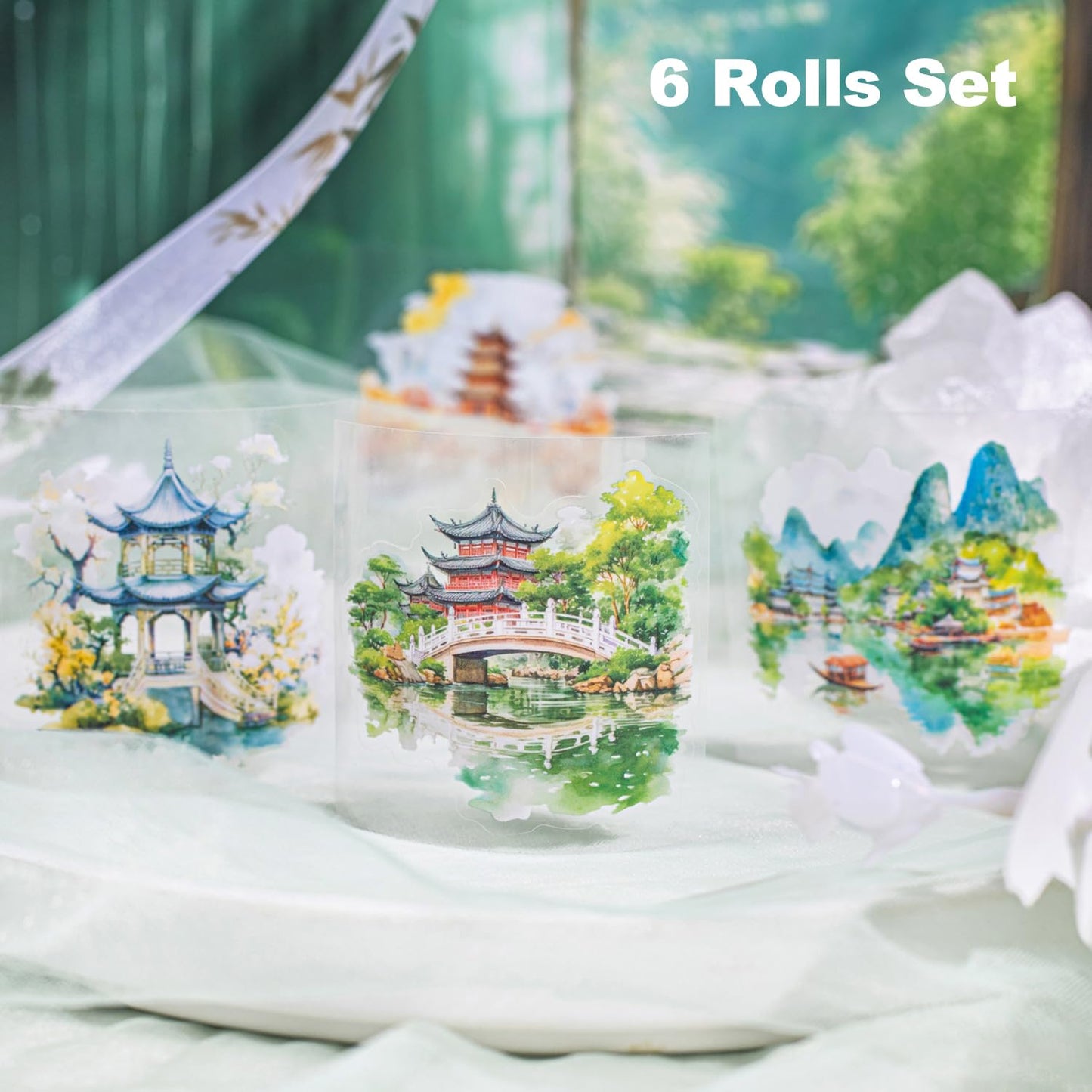 6 Rolls Garden Courtyard Landscape PET Tape Set, Pre-Cut Scenery Stickers for Journaling, Scrapbooking, and DIY Crafts, with Decorative Clip
