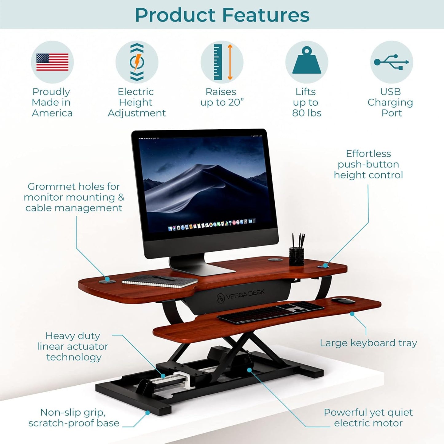 VERSADESK® PowerPro™ 40” x 24” Standing Desk Converter | 7.75” - 23.5” Electric Height Adjustable Sit to Stand Desk Riser w/ Keyboard Tray & USB Hub - Ergonomic Workstation for Home & Office, Cherry