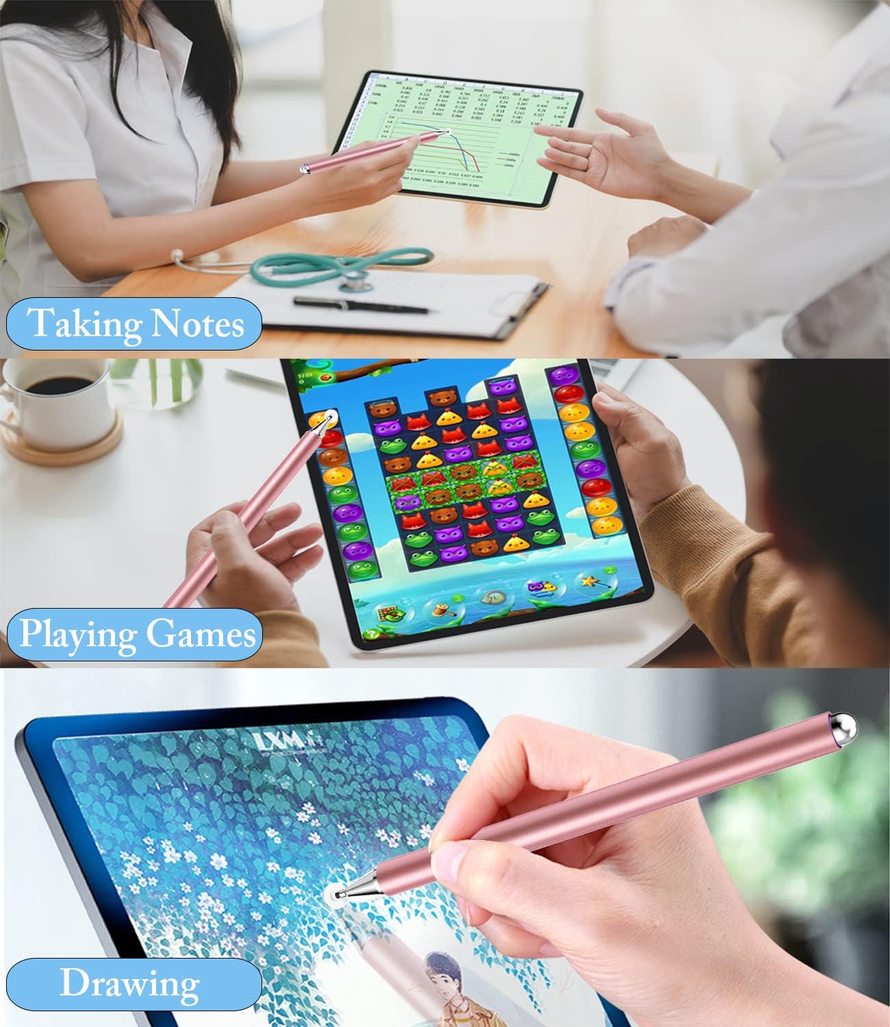 Stylus Pen for iPad, LUNTAK Stylus Pens for Apple/iPhone/Ipad pro/Mini/Air/Android/Microsoft/Surface All Capacitive Touch Screens Universal with 4 Replacement Tips (2 Pcs, Pink and Silver)