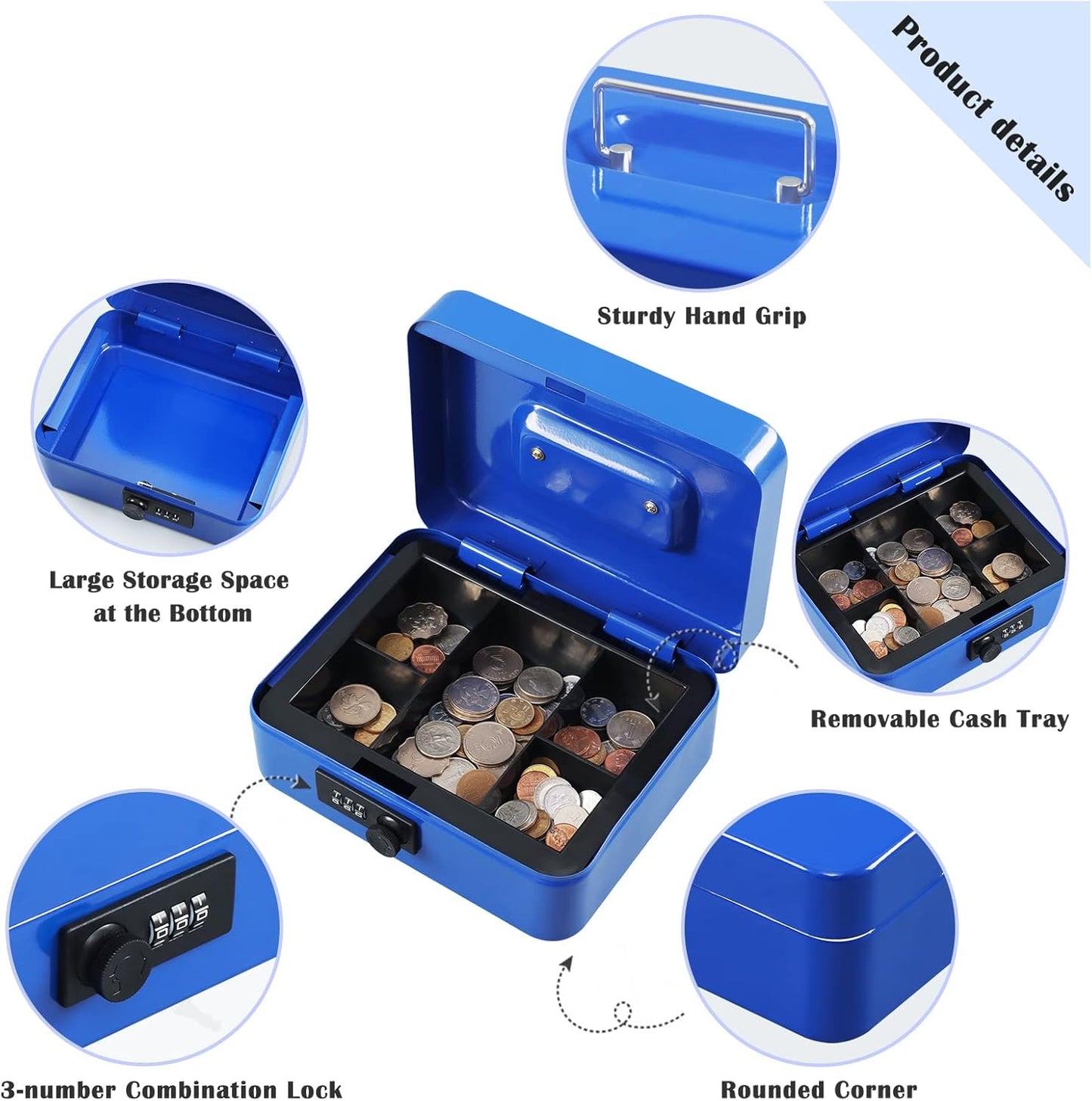 xydled Steel Cash Box Safe with Combination Lock,Money Safe Box with Removable Coin Tray,Medium,7.87"x 6.30"x 3.54",Blue