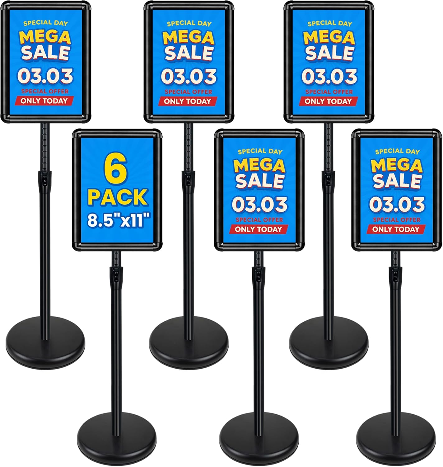 6 Pack Sign Stand for Display - Adjustable 8.5x11 Inch Floor Standing Sign Holder, Pedestal Poster Stand for Vertical&Horizontal View, Indoor&Outdoor Use for Business, Mall, Restaurant - Black