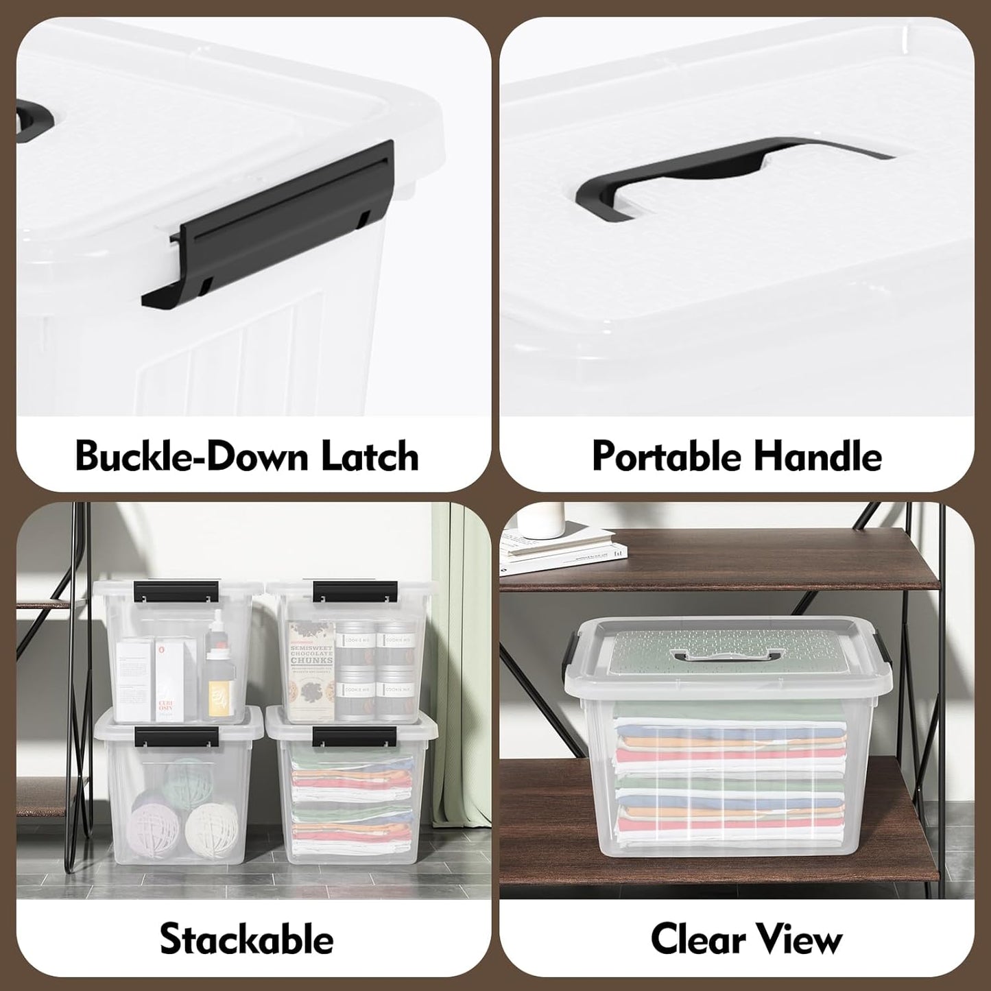 4 Pack Plastic Storage Boxes, Lidded Storage Bins with Handle, 20L, Clear