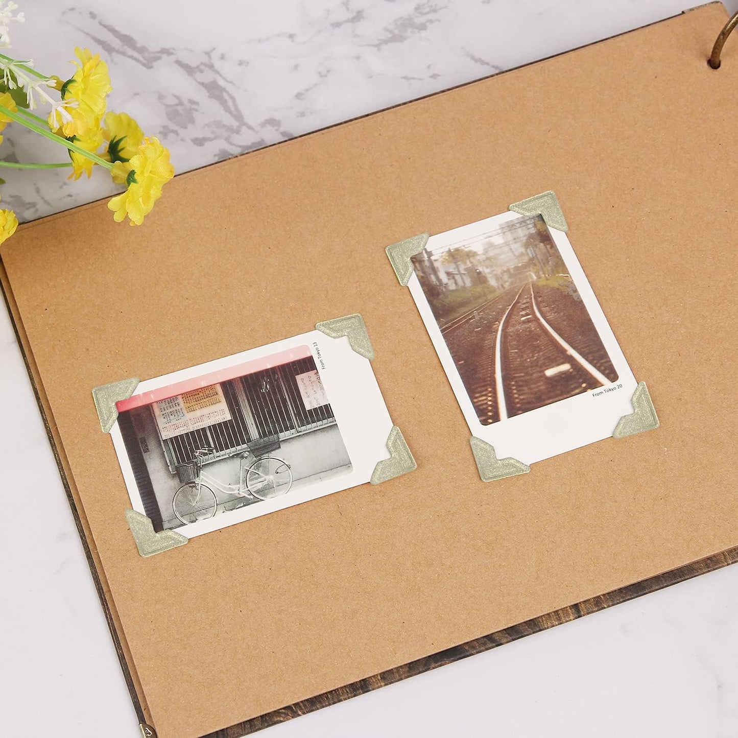 GOONAVI 10 Sheets 240 Pcs Shiny Gold Acid-Free Photo Corners, Self-Adhesive Mounting for Wedding Scrapbook Supplies, DIY Photo Album, Journal, Guest Book, Memory Book