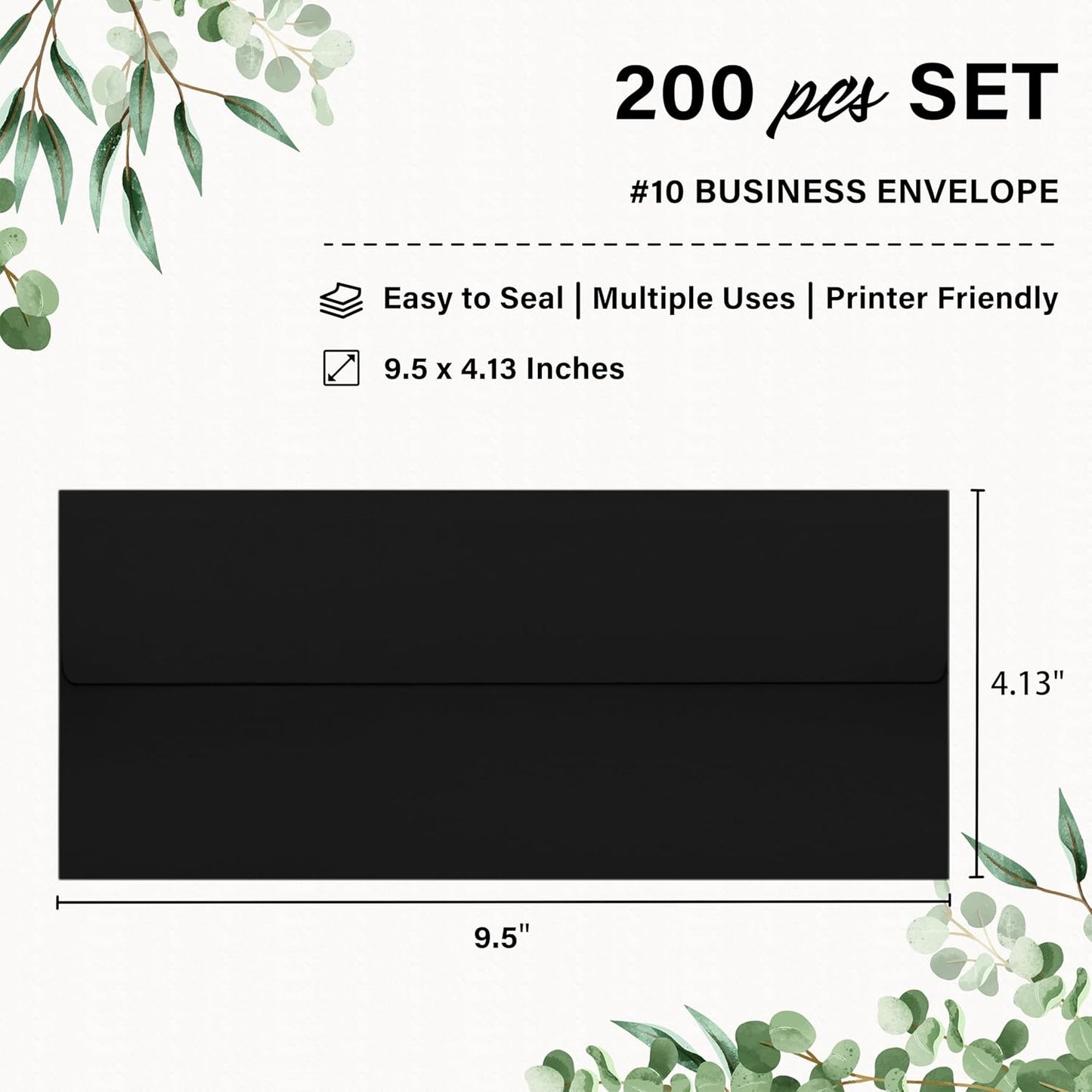 200 Pack #10 Business Envelopes, Self Seal Standard Black Envelopes for Secure Business & Legal Mailing, Office, Checks, Letter, Invoices, 4 1/8 x 9 1/2 Inches