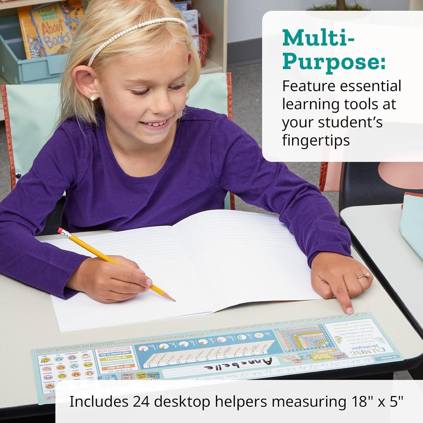 Really Good Stuff 24PK Zaner-Bloser Self-Adhesive Vinyl Desktop Reference Nameplate with Numbers, Grid, Shapes, Money-Traditional Manuscript Name Tags