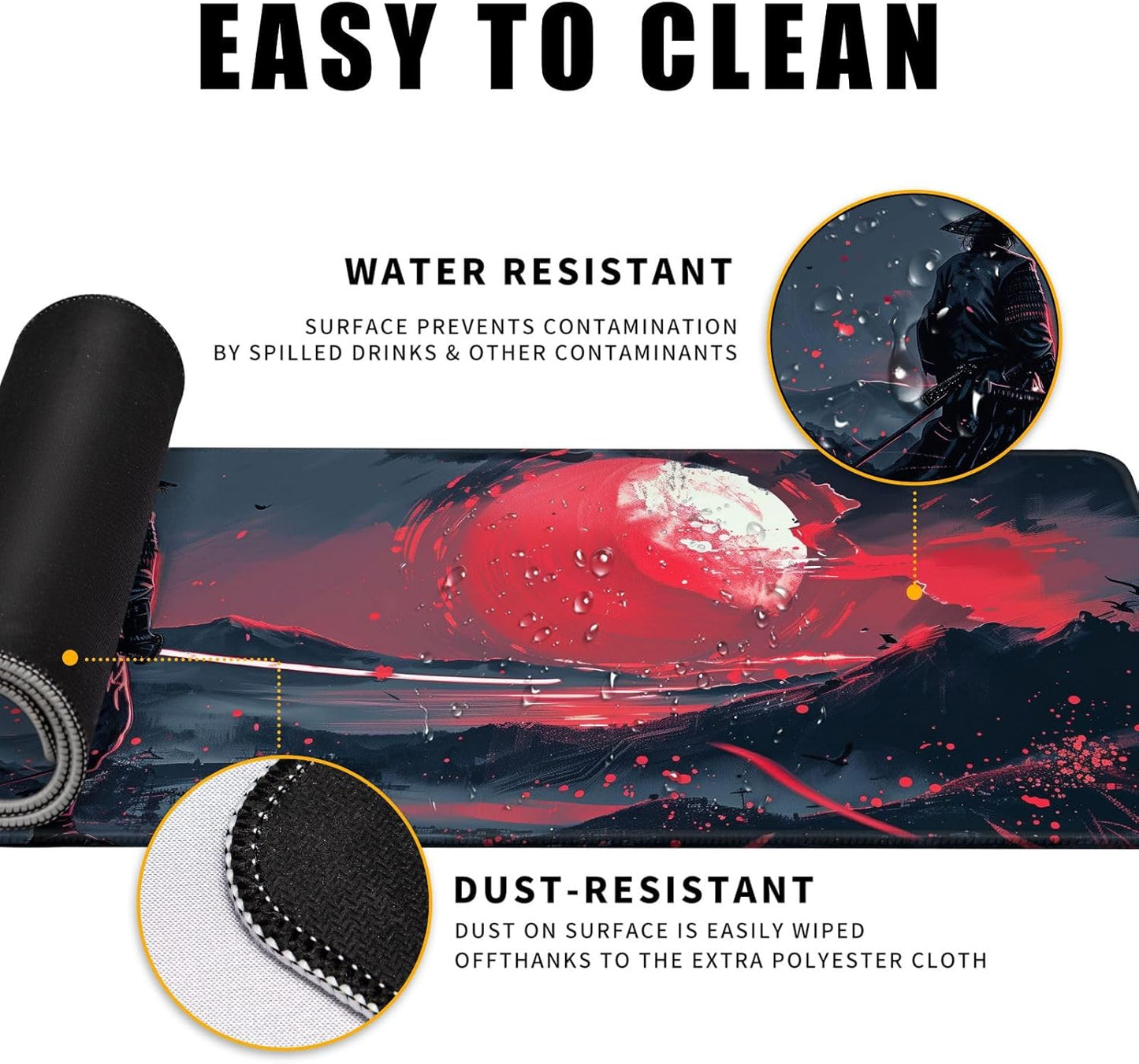 Black Desk Mat Japanese Samurai Mouse Pad XL Red Anime Big Mousepad Gaming Large Mouse Pad for Men Desk Pad with Stitched Edges Non-Slip Large Computer Mat, 31.5x11.8 in