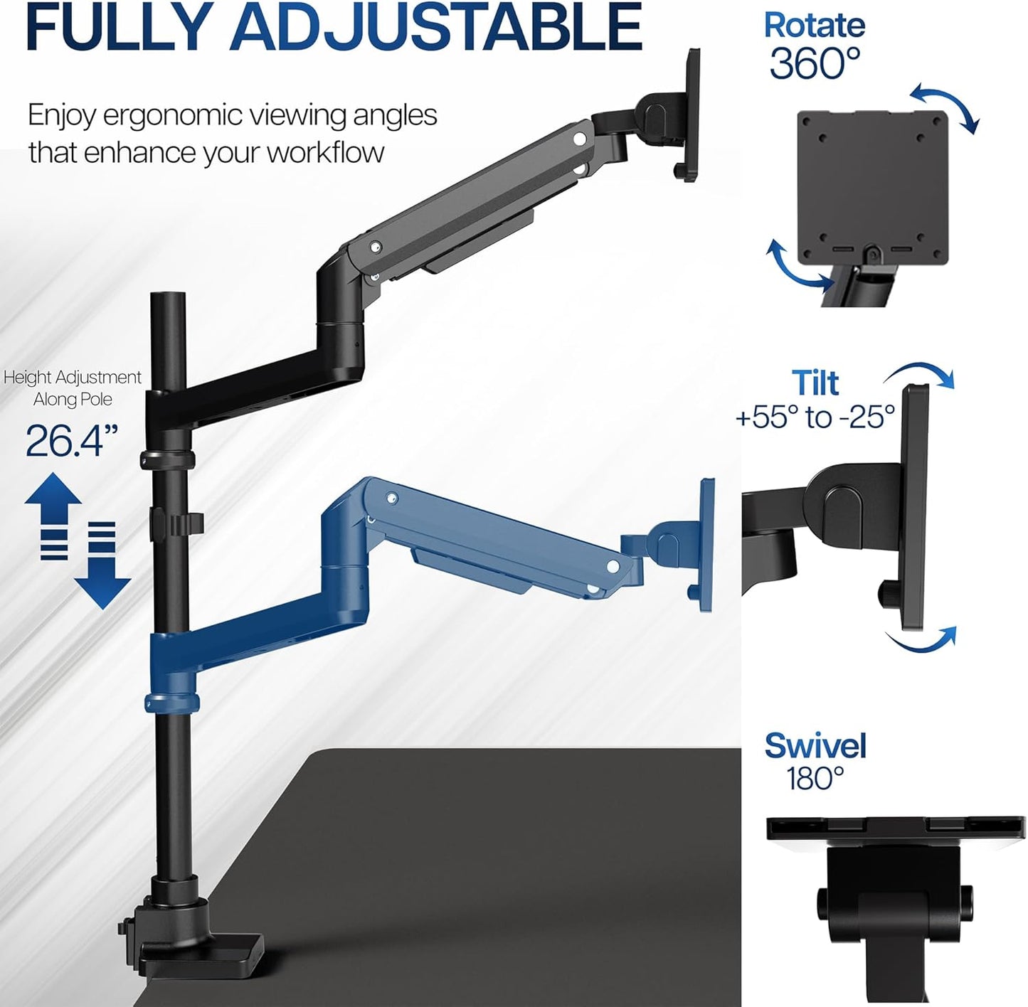 VIVO Pneumatic Arm Single Ultrawide Monitor Extra Tall Desk Mount for Up to 49 inch Screens, Heavy Duty Clamp, Holds Ultra Wides Up to 44 lbs, Black, STAND-V110K